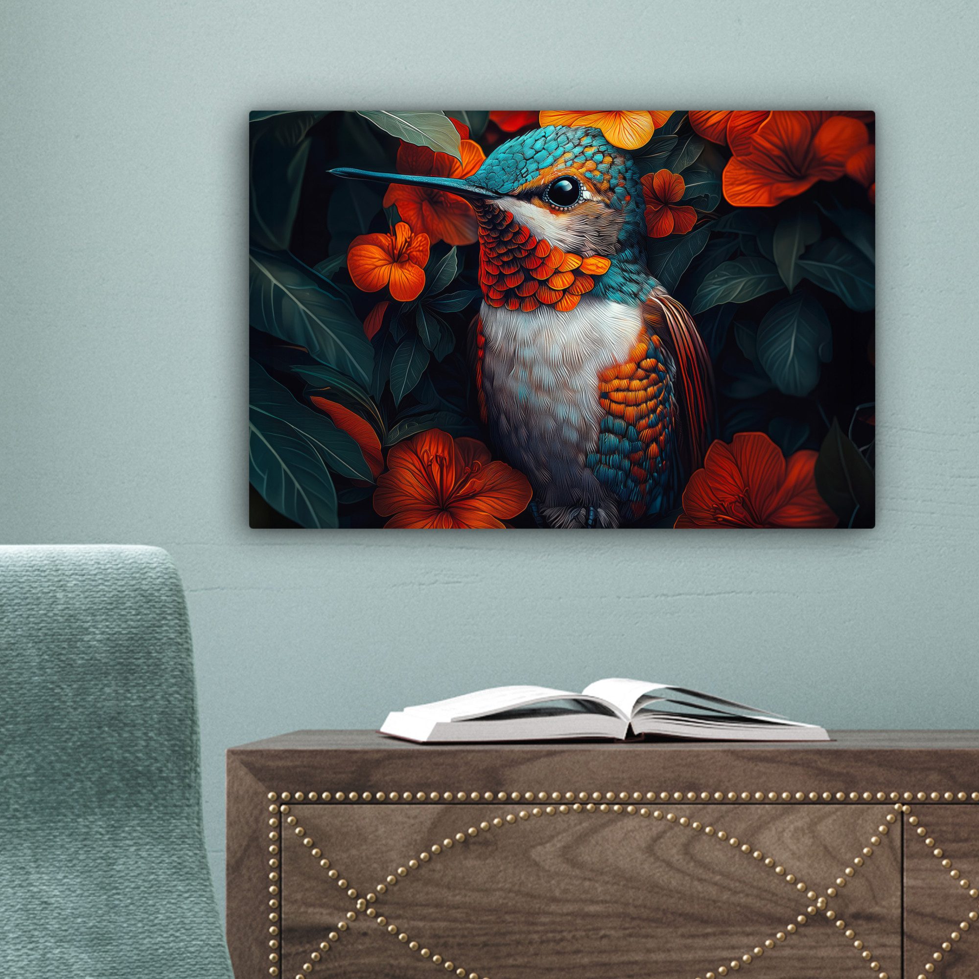 OneMillionCanvasses® Leinwandbild Kolibri - Vogel - Farbenfroh - Orange Blumen, Fotodruck (1 St), Leinwand Canvas Wandbild, Wanddekoration 20x30 cm – Bild 3 von 5