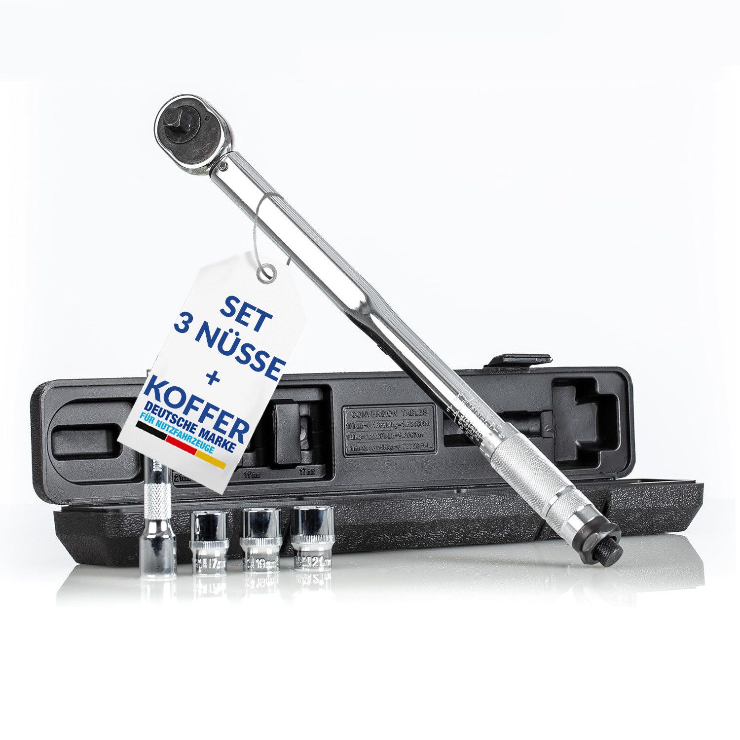 NTG Nutzfahrzeug Technik GmbH Drehmomentschlüssel 1/2 Zoll 40-210 Nm + Verlängerung inkl. Koffer + 17 19 21 mm Nüsse