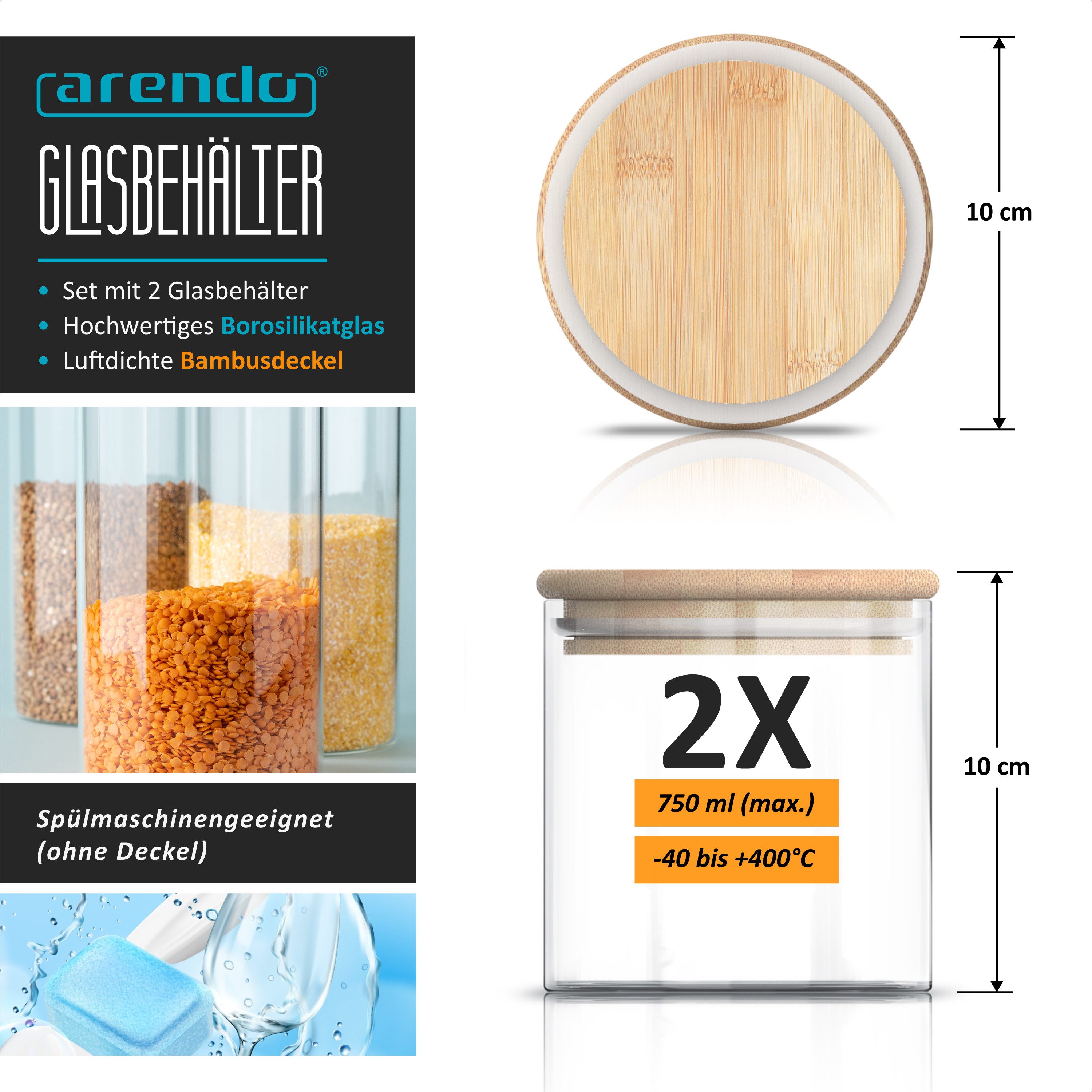 Arendo Aufbewahrungsbecher Glasbehälter 2x 0,78L & 2x 1,57L Borosilikat, Bambusdeckel, luftdicht, Borosilikatglas, Bambus, Silikon, (Vorratsbehälter-Set, 4-tlg. – Bild 3 von 5