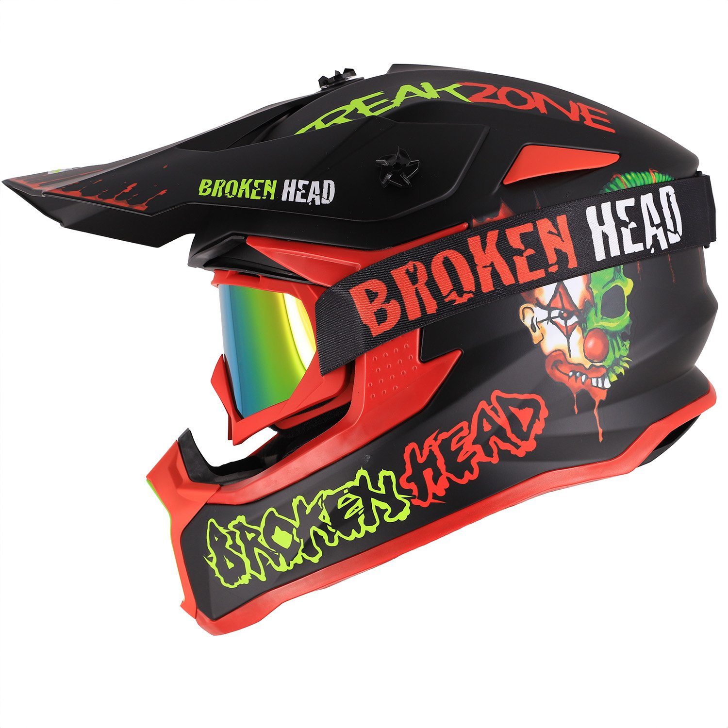 Broken Head Motocrosshelm Freakzone Schwarz-Grün-Rot (Mit MX-2-Brille Rot), Auffälliges Design