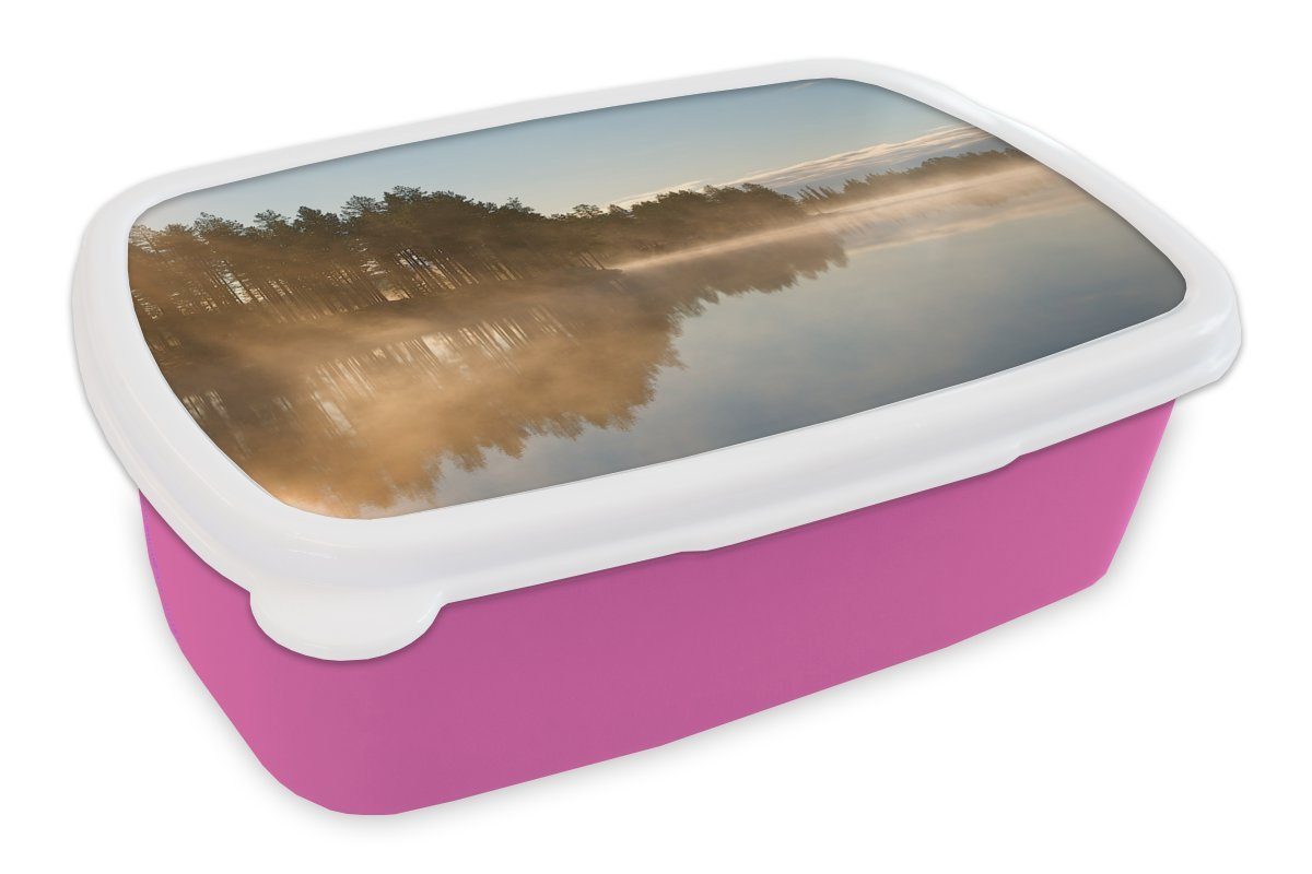 MuchoWow Lunchbox Die Sonne scheint auf einen See in Lappland, Kunststoff, (2-tlg), Brotbox für Erwachsene, Brotdose Kinder, Snackbox, Mädchen, Kunststoff rosa