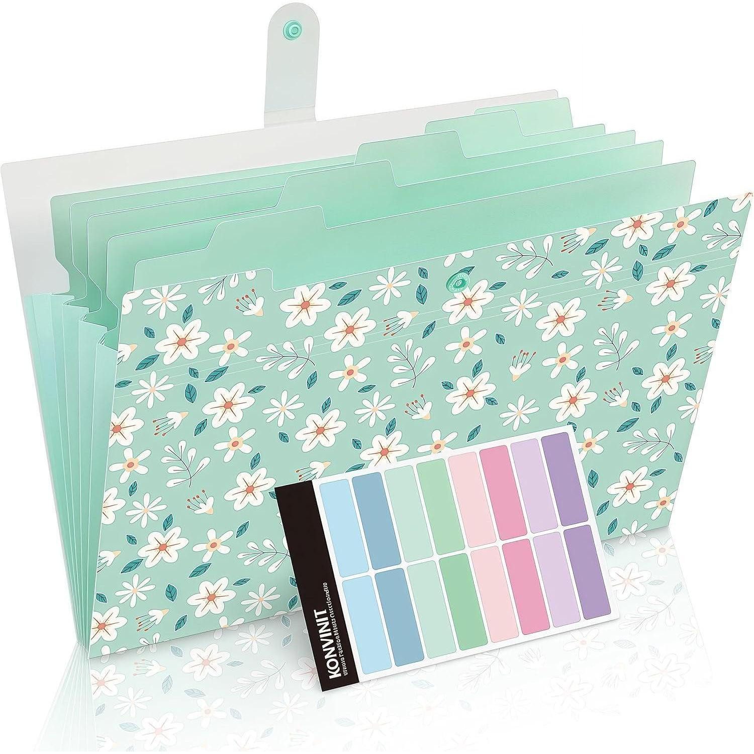Fächermappe Fächermappe 5 Fächer Blumenmuster Farbetiketten A4 6 Tasche mint
