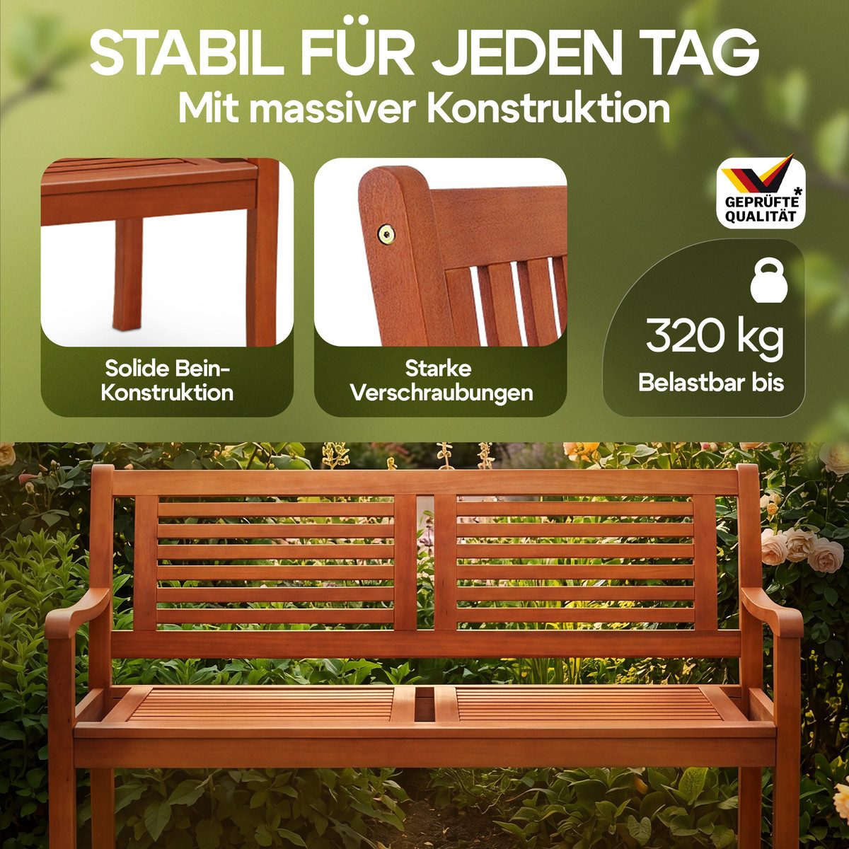 Casaria Gartenbank, Wetterfest Eukalyptus Holz FSC® 120x60x90cm 320kg Belastbarkeit
