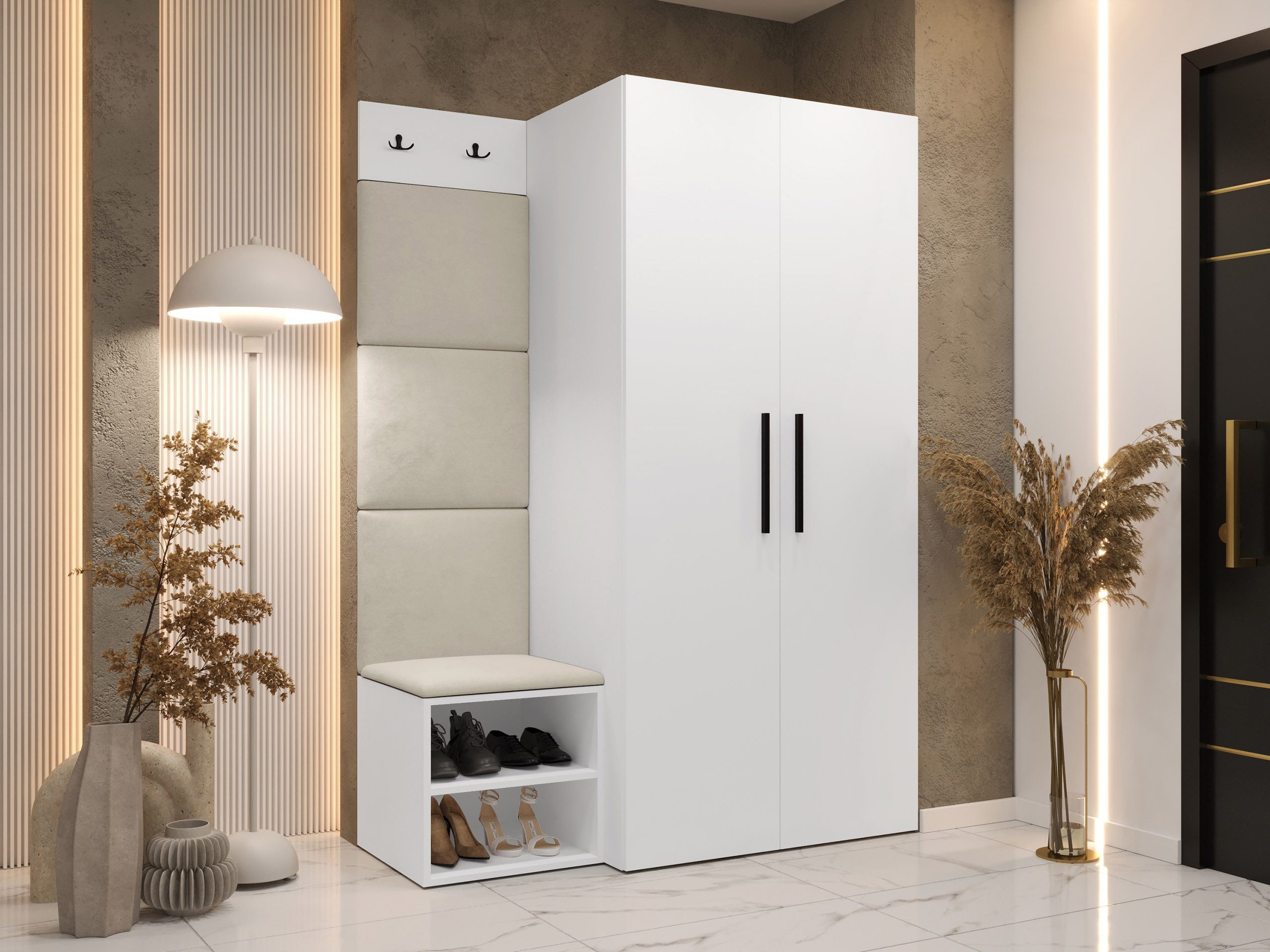MIRJAN24 Garderoben-Set Medi IV, (Drehtürenschrank, Schuhschrank, 4x Paneel 42x42), 2 Kleiderhaken für Kleidung