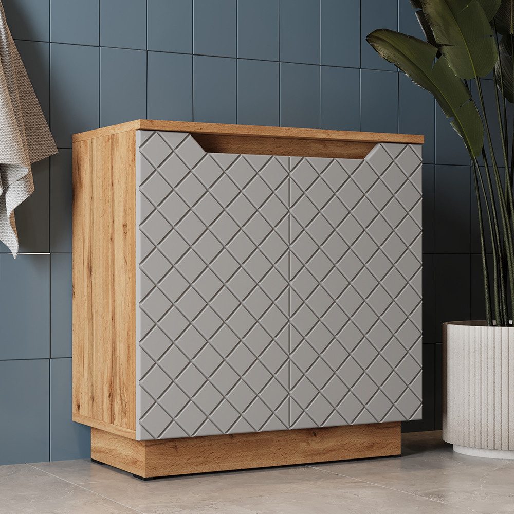 Vicco Waschbeckenunterschrank Lotta, Eiche/Grau mit Kachelstruktur, 59.8 x 62.1 cm mit 2 Türen (1-St)