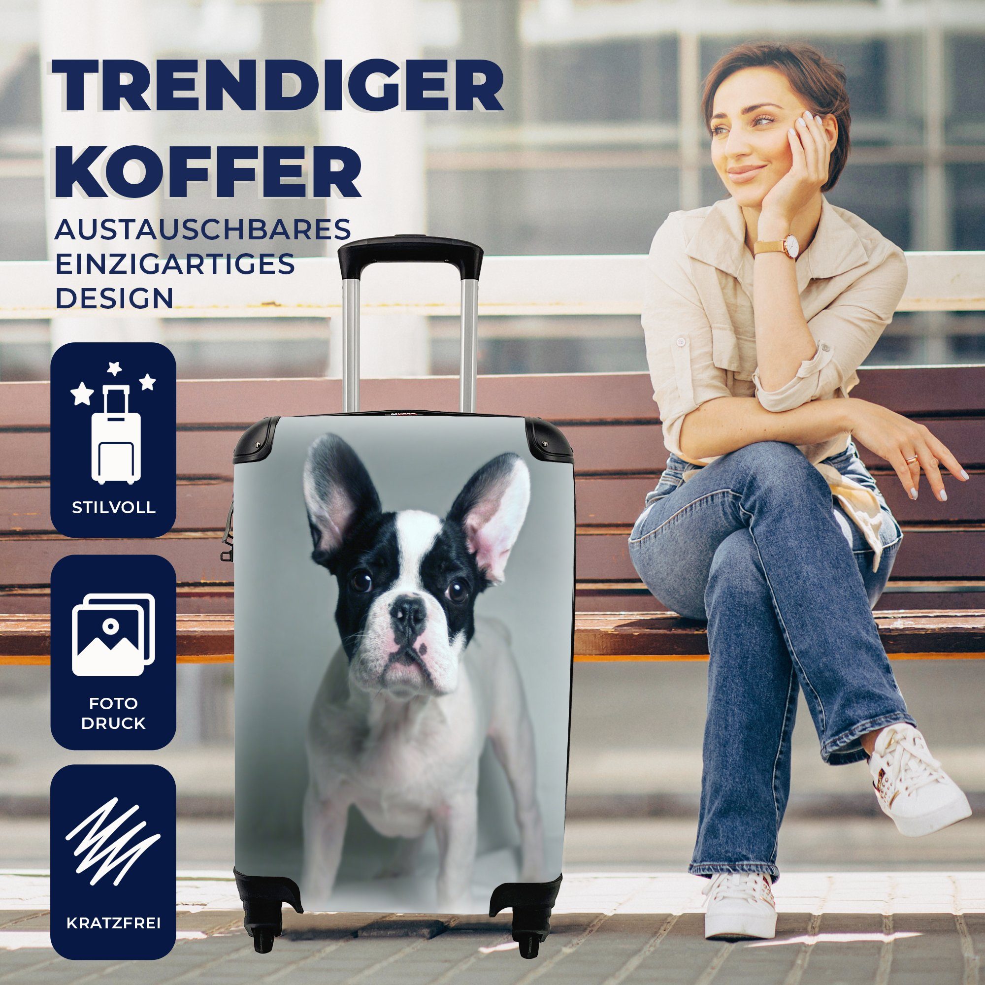 MuchoWow Handgepäckkoffer Französische mit Welpe rollen, - Rollen, Weiß, 4 Trolley, Bulldogge Ferien, für Handgepäck - Reisetasche Reisekoffer