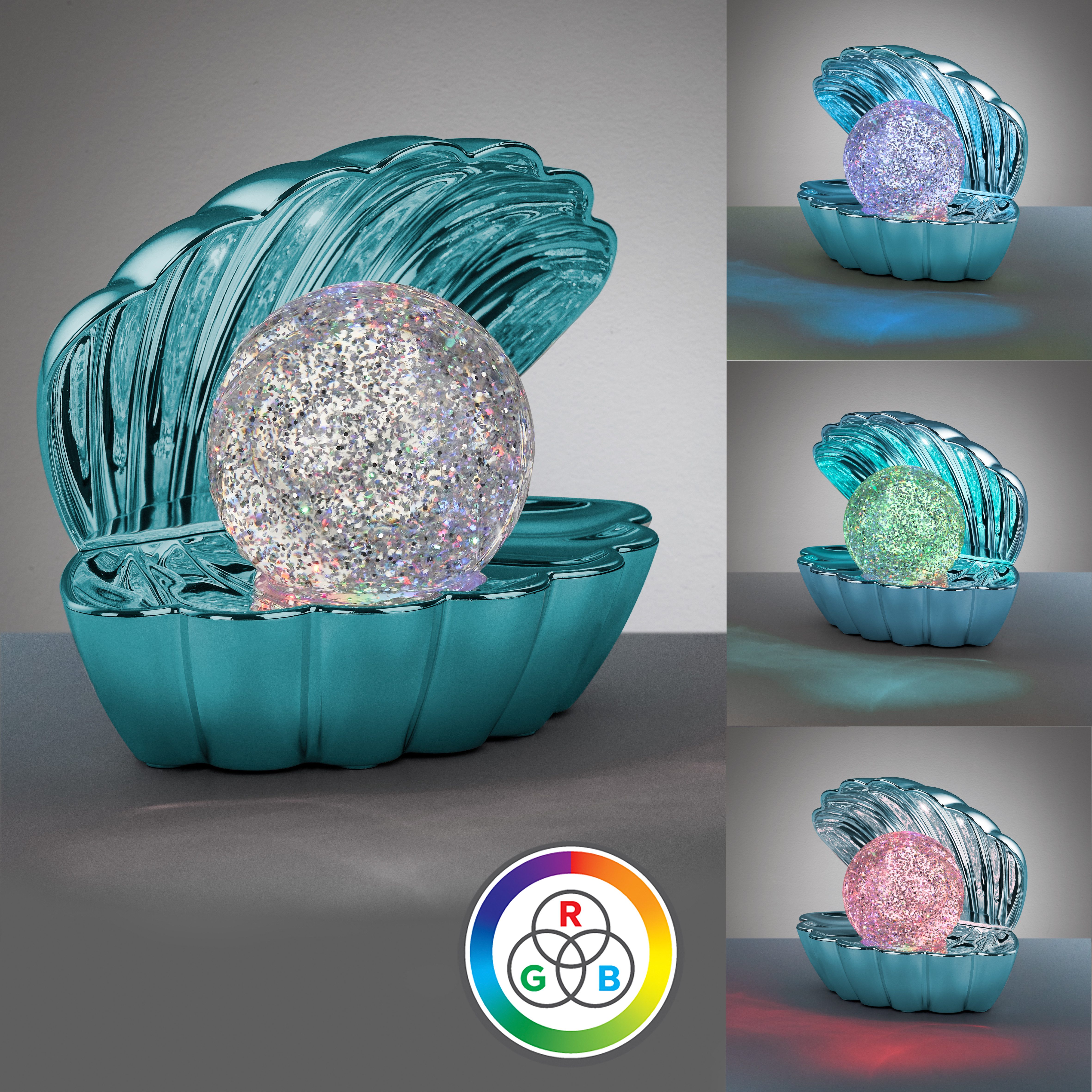 Reality Leuchten LED Tischleuchte SHELLY, Deko Tischlampe in Muschelform mit RGB Farbwechsel, 0,8W 15Lm, Ein-/Ausschalter, Farbwechsel, USB-Ladefunktion, LED fest integriert, RGB, Muschel Tischlampe mit Glitzerkugel und Farbwechsel inkl USB-Ladekabel