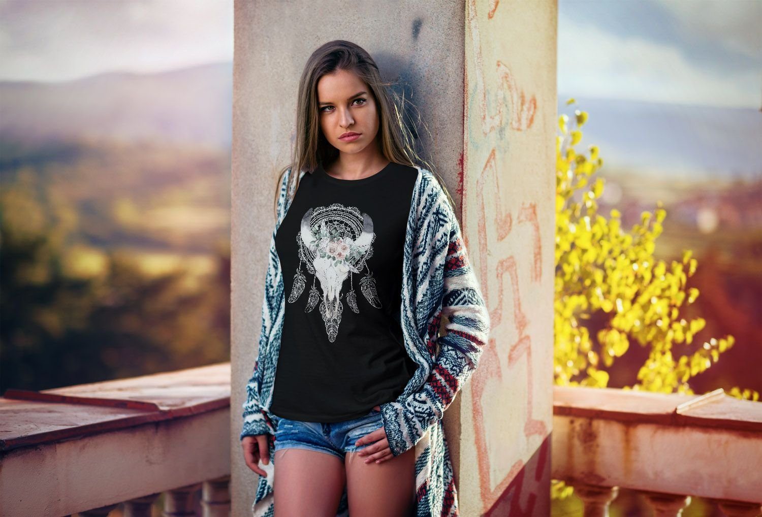Neverless Print-Shirt Damen T-Shirt Boho Skull günstig online kaufen