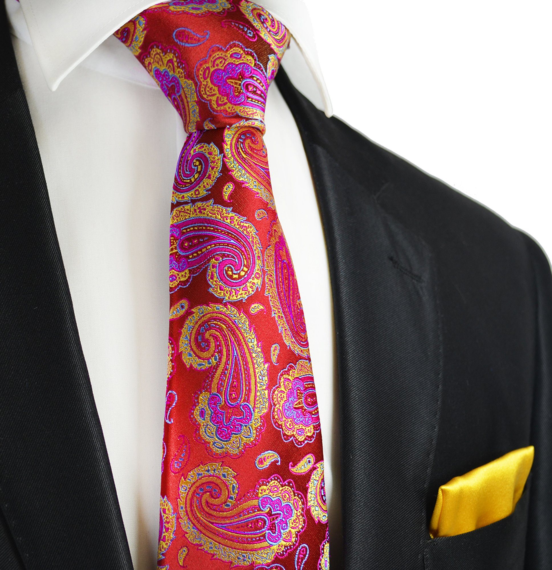 Paul Malone Krawatte 7-Fold Seidenkrawatte Schlips modern elegant 100% Seide paisley (Set, 2-St., mit Einstecktuch) rot gold S13977-13