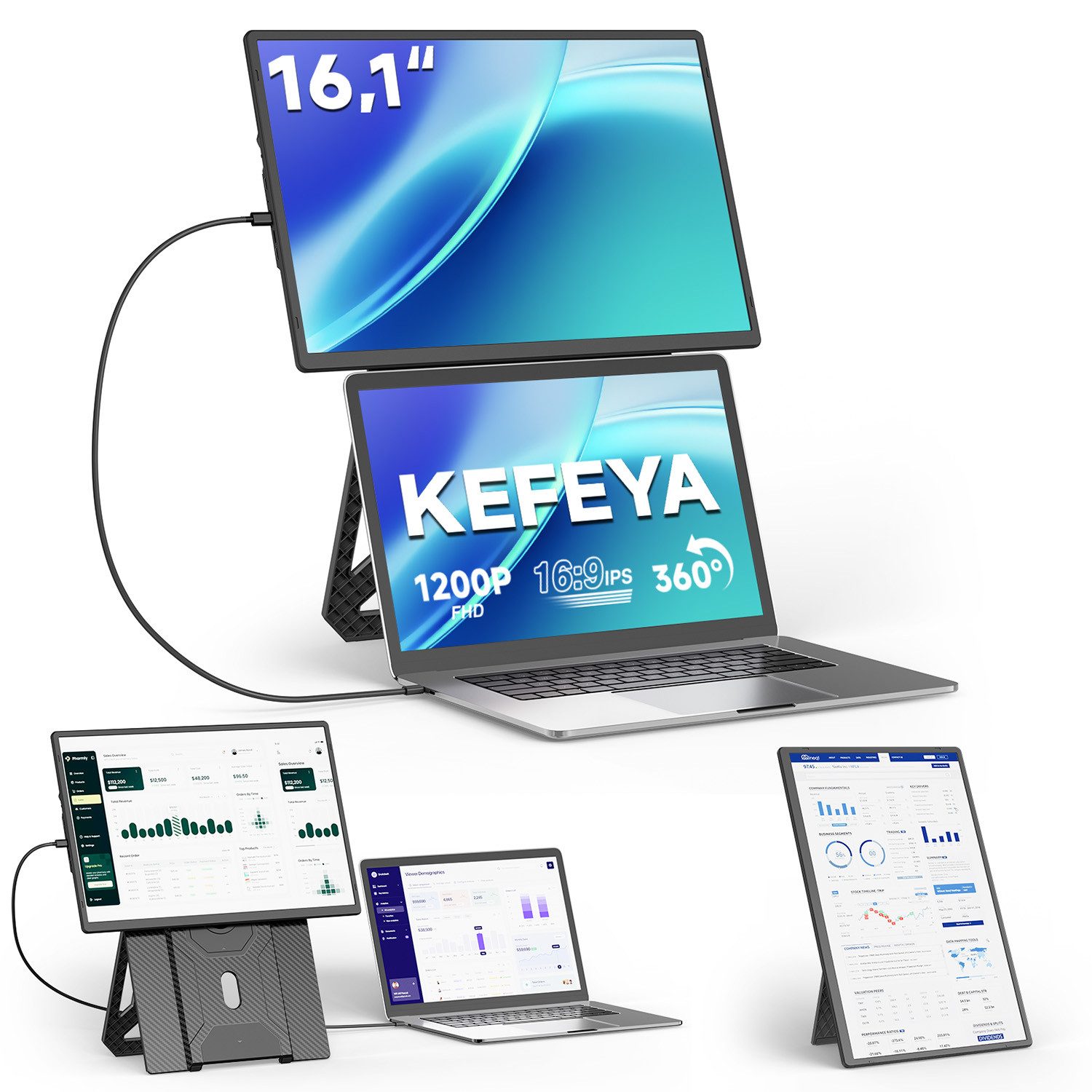 KEFEYA Laptop Bildschirm Erweiterung Laptop-Bildschirm-Extender Dual Display Portabler Monitor (36 cm/16 ", 1920 × 1200 px, Full HD, 60 Hz, HDR, Magnetischer & abnehmbarer Ständer, 1,27kg, für 13-17,3'' Bildschirm)