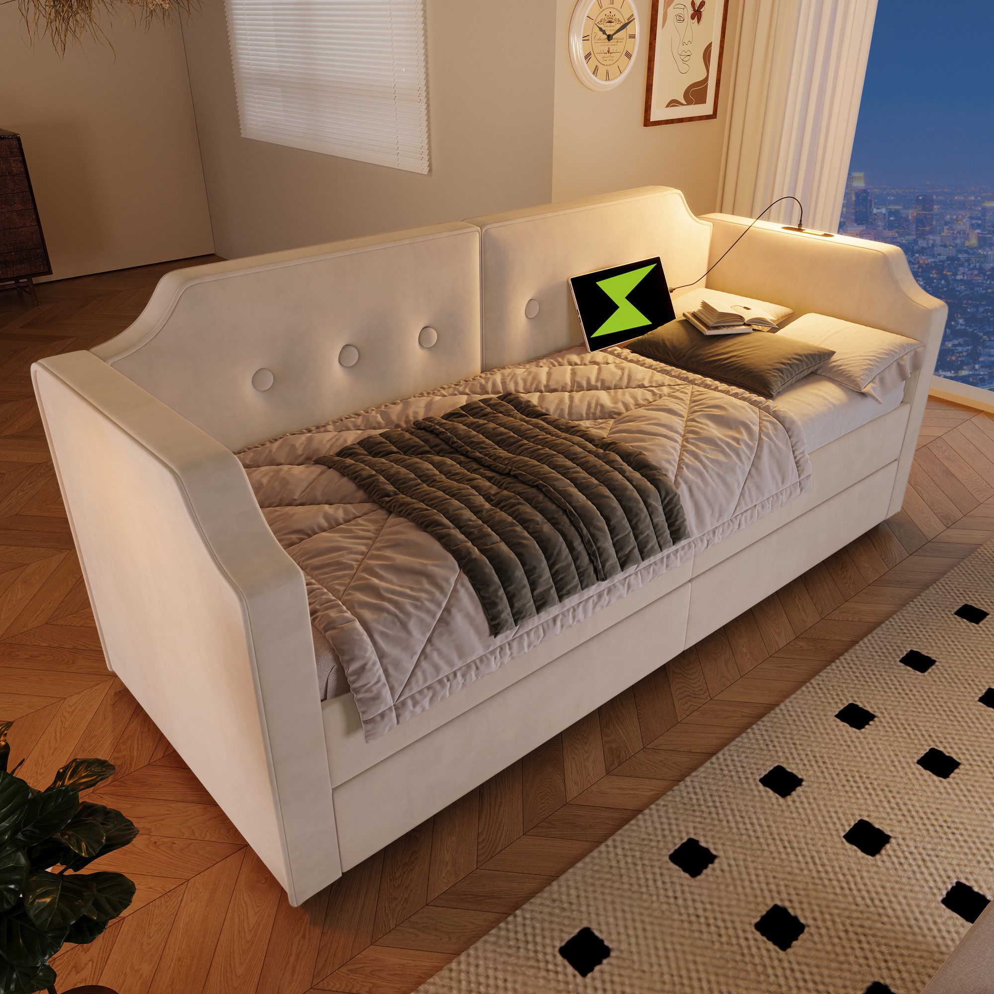 Flieks Daybett, Polsterbett Schlafsofa 90x200cm 2 Schubladen/ Leselicht/ Ladefunktion
