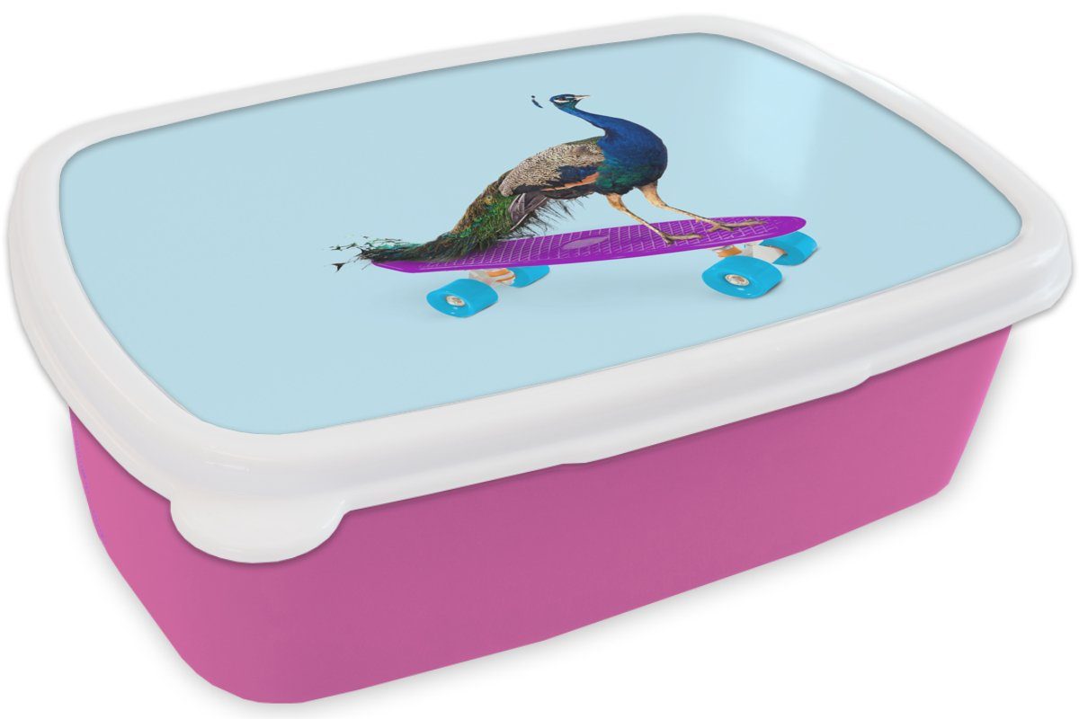 - Tiere - rosa - (2-tlg), Skateboard Kunststoff, Lustig, Kinder, Kunststoff Brotdose Lunchbox Erwachsene, Mädchen, Brotbox - Pfau Snackbox, für MuchoWow Blau