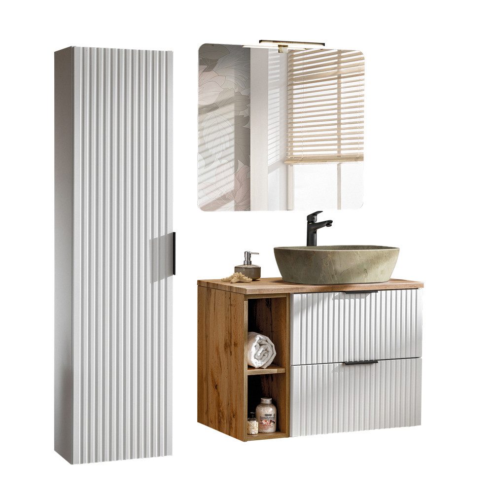 Lomadox Badmöbel-Set ADELAIDE-56-WHITE, (Spar-Set, 3-St), 80cm Waschtisch mit LED-Spiegel & Hochschrank, matt weiß mit Eiche Nb.