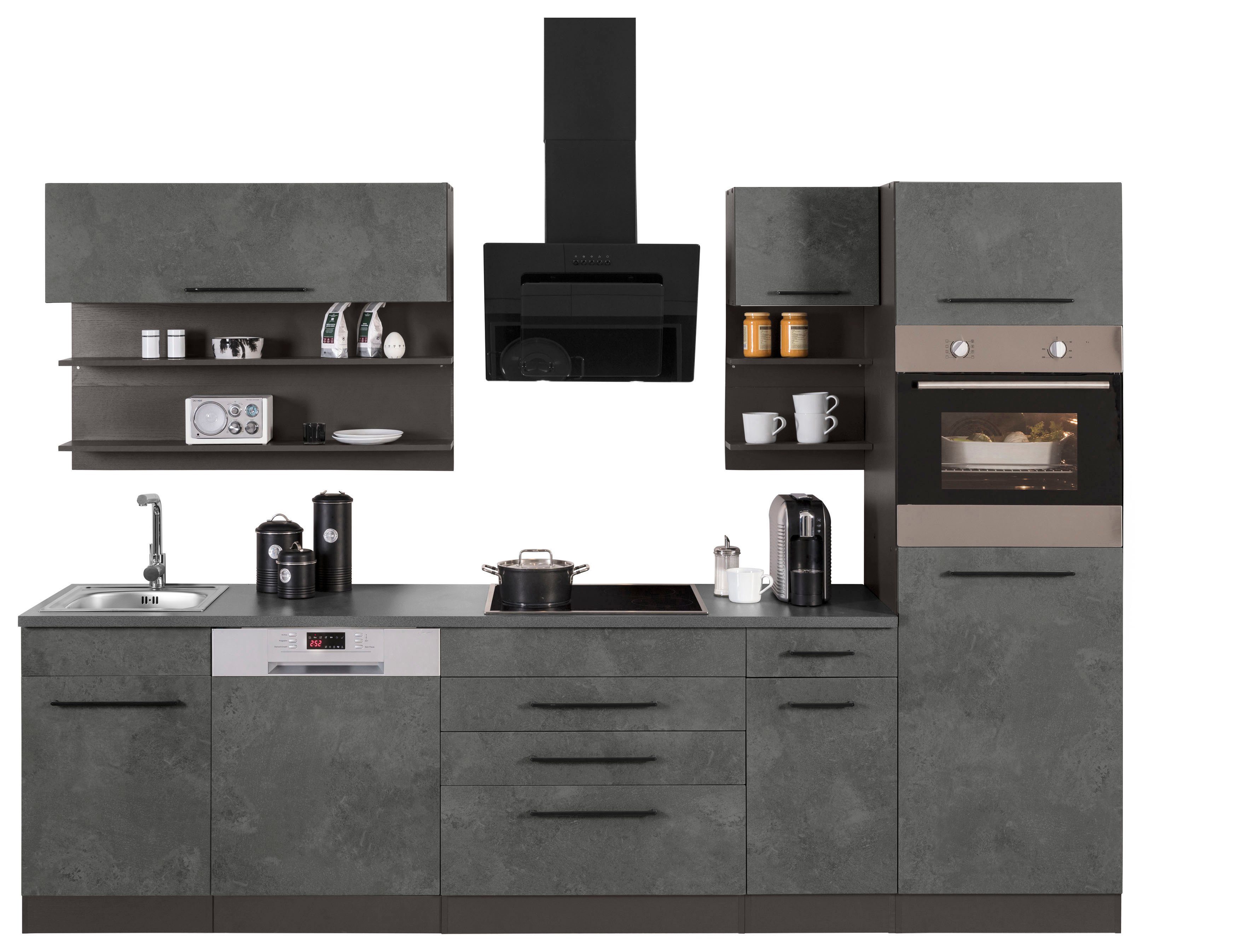 KOCHSTATION Кухниzeile KS-Tulsa, mit E-Geräten, Breite 290 cm, schwarze Metallgriffe, MDF Fronten