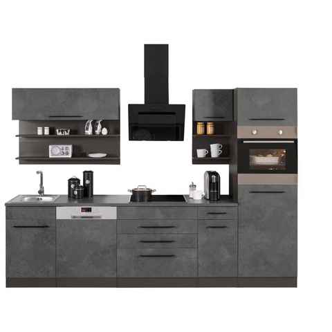 HELD MÖBEL Küchenzeile Tulsa, mit E-Geräten, Breite 290 cm, schwarze Metallgriffe, MDF Fronten