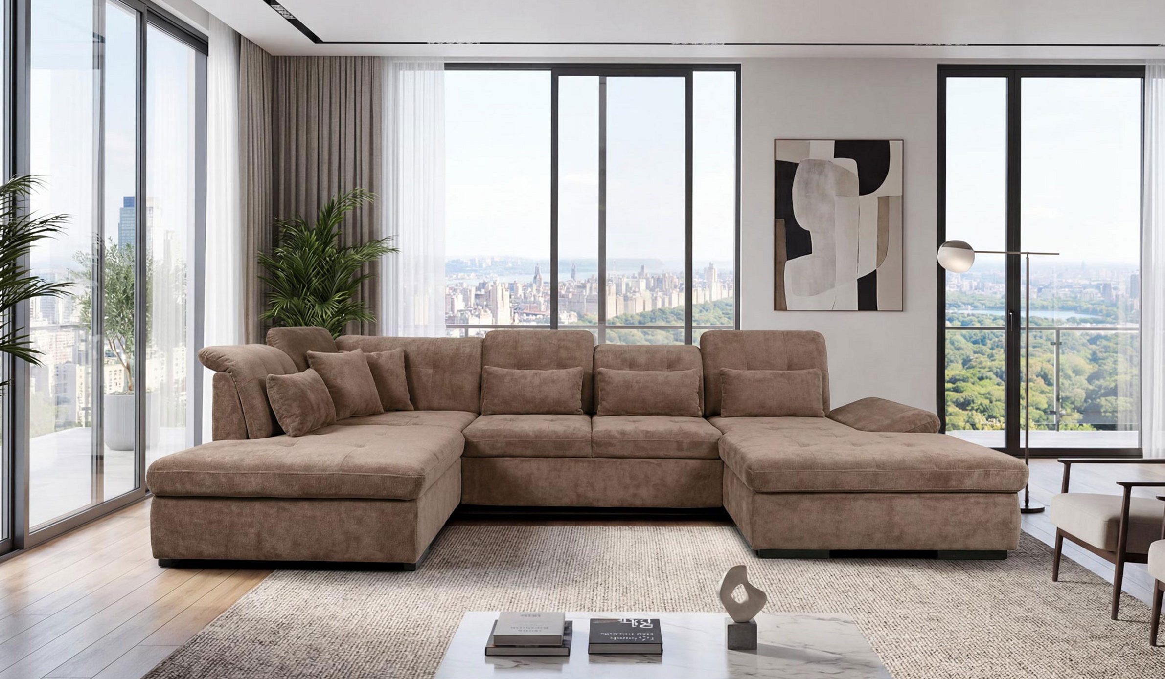 Hygger Möbelhaus Wohnlandschaft Oregon U-Form mit Verstellung, optional Schlaffunktion & Bettkästen, B × T₁ / T₂: 370 × 200/235 cm, optional Schlaffunktion 165 cm & 2, Bettkästen, inkl. kostenloser Lieferung & Montage in ganz Deutschland