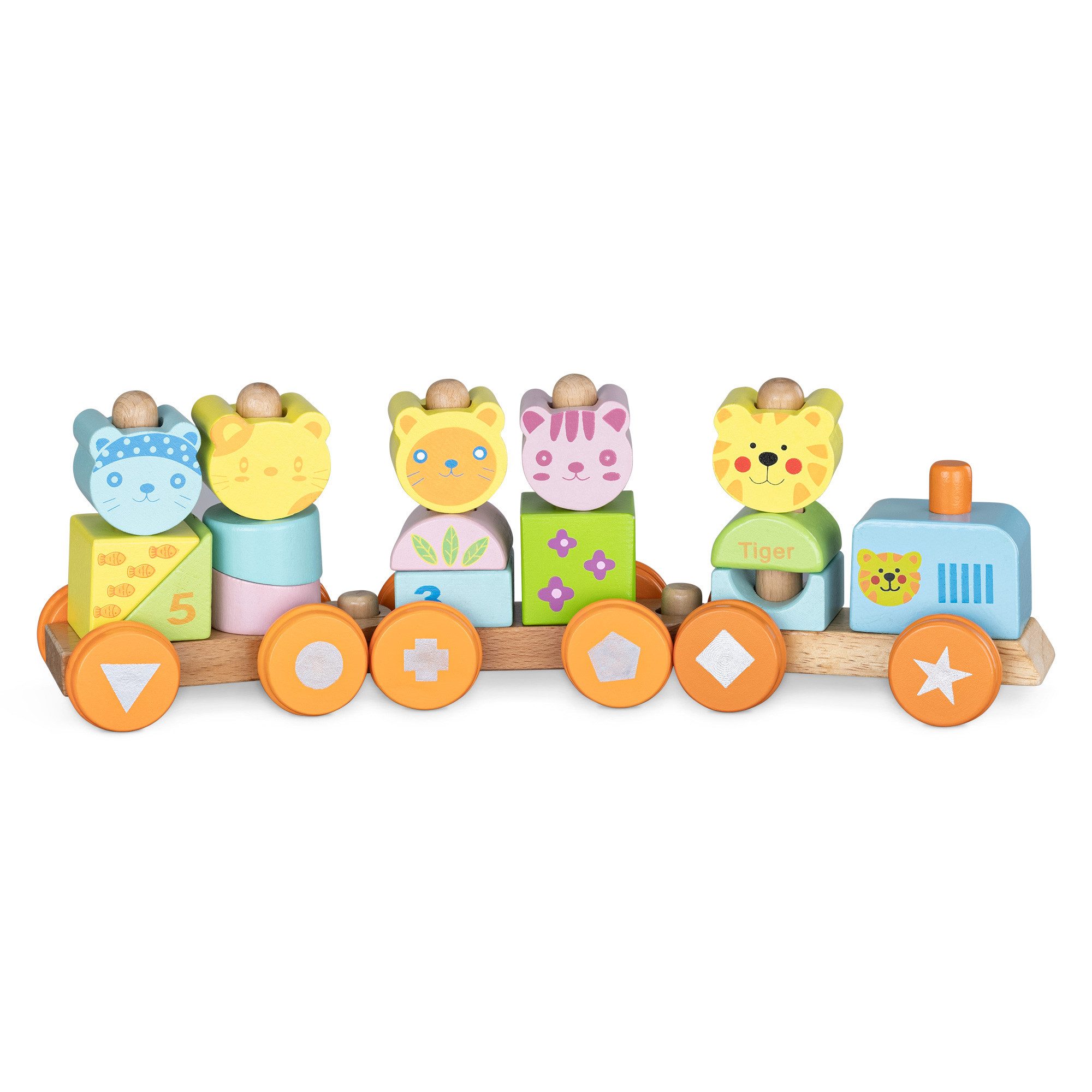 Navaris Holzzug für Kinder - Holzeisenbahn stapelbar - 17 Teile Spielbausteine