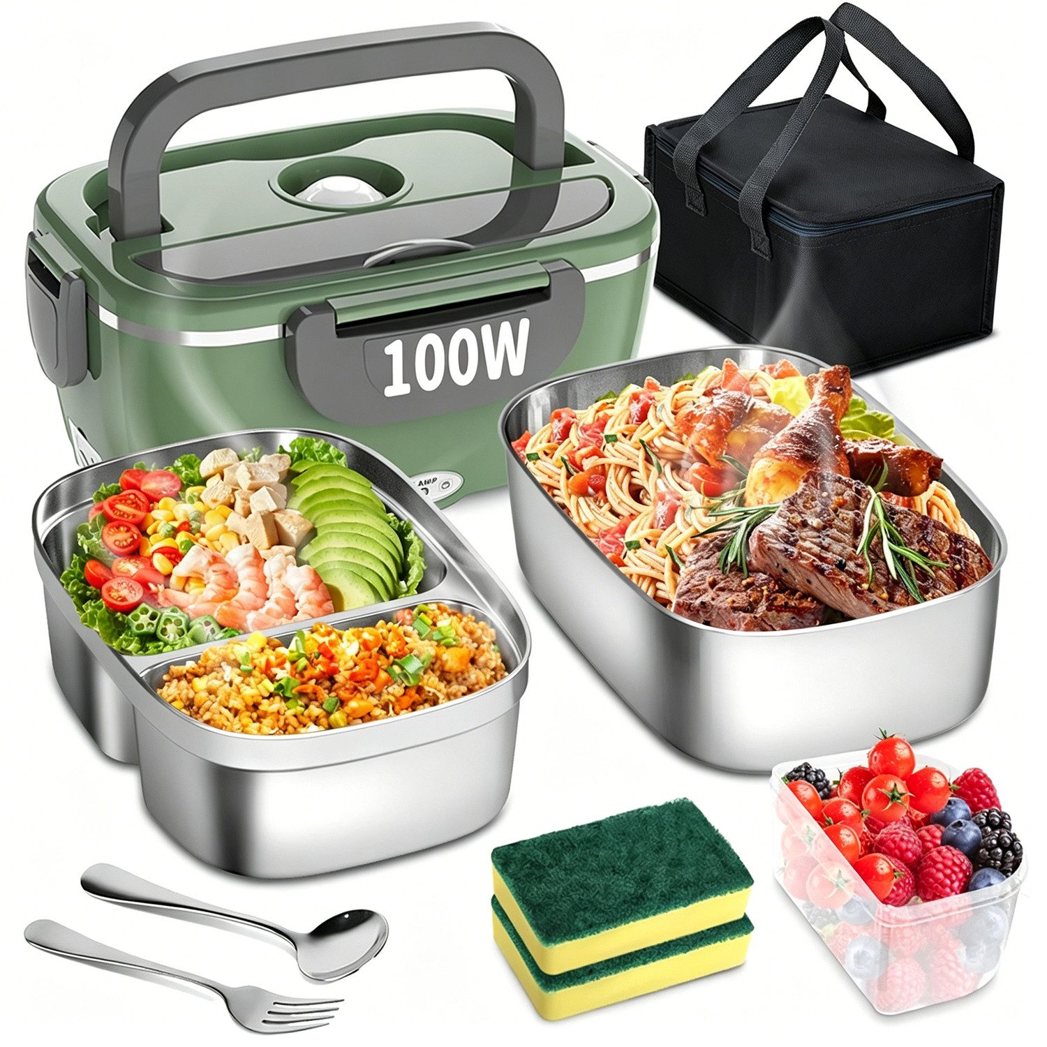 AKKEE Elektrische Lunchbox 100W, 3-In-1 tragbare beheizte Lunchbox, 2 x 1,5L Edelstahl set, Großes Fassungsvermögen mit Tragetasche und Reinigungstuch