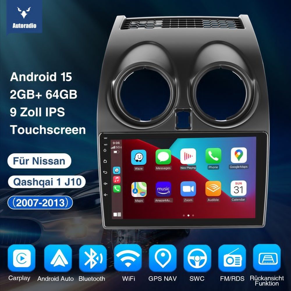 ESSGOO DAB+ Carplay Für Nissan Qashqai J10 2007-2015 GPS Navi Android 15 RDS Autoradio (4+64GB(optional), FM, AM, DAB+ (optional), Carplay Android Auto Bluetooth EQ USB GPS Navi WIFI Touchscreen)
