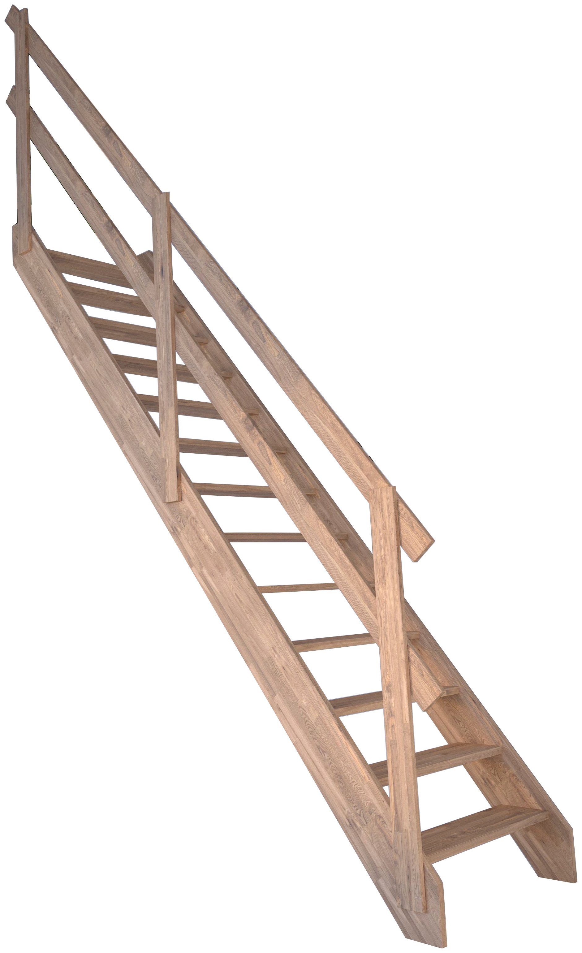 Starwood Raumspartreppe Massivholz Rhodos, Holzgeländer, für Geschosshöhen bis 300 cm, Stufen offen, Durchgehende Wangenteile