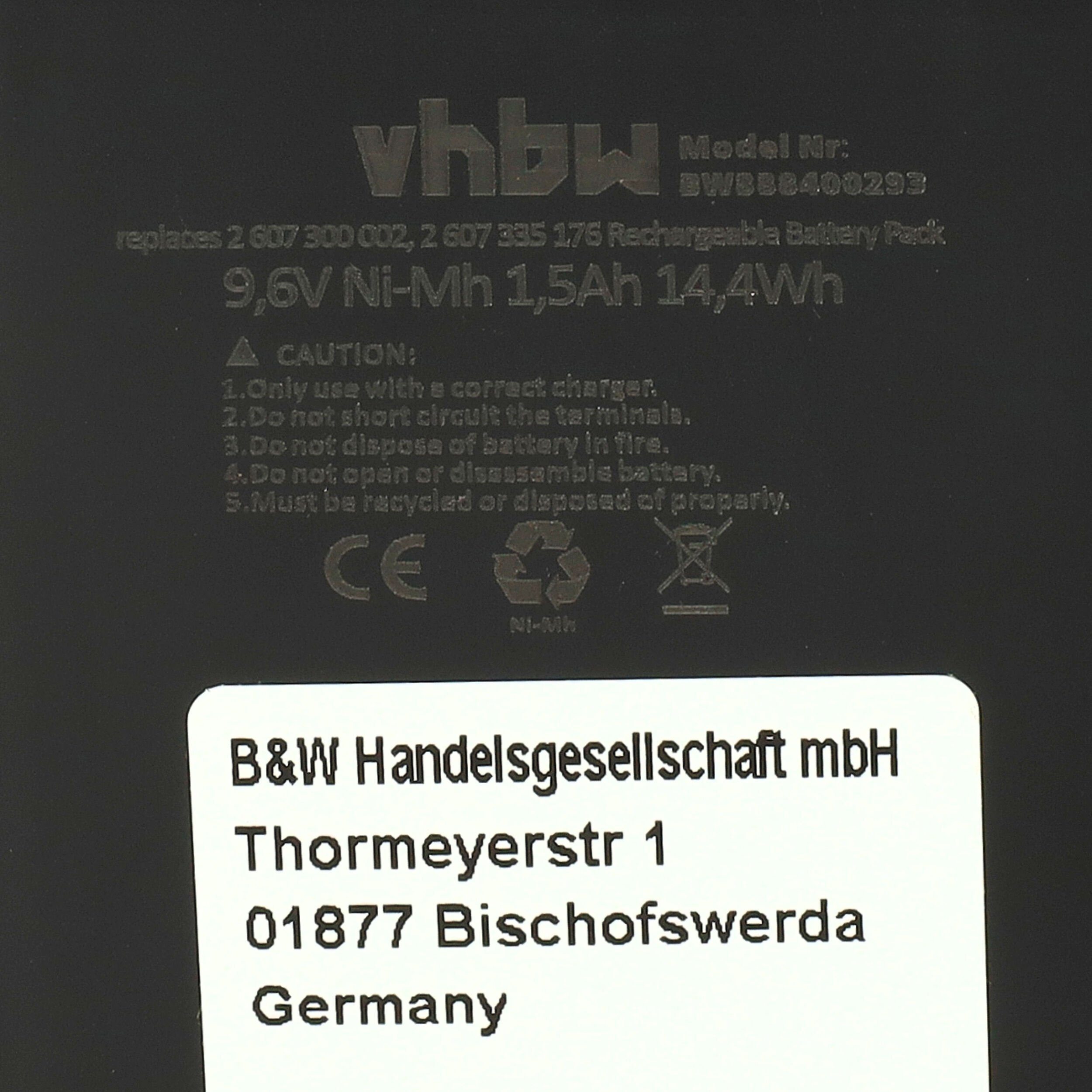 NiMH GSS 9.6VES 9.6VES, GSR 9.6VET, Bosch Akku vhbw 1500 kompatibel 9.6V, (9,6 mAh GSR mit GSR V)