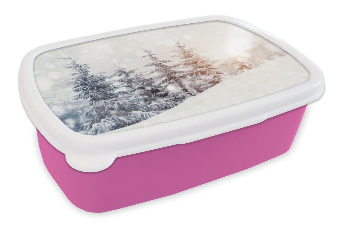 Kunststoff, Snackbox, Lunchbox - rosa Erwachsene, für MuchoWow Kunststoff Schnee (2-tlg), Brotbox - Mädchen, Brotdose Kinder, Baum Winter,