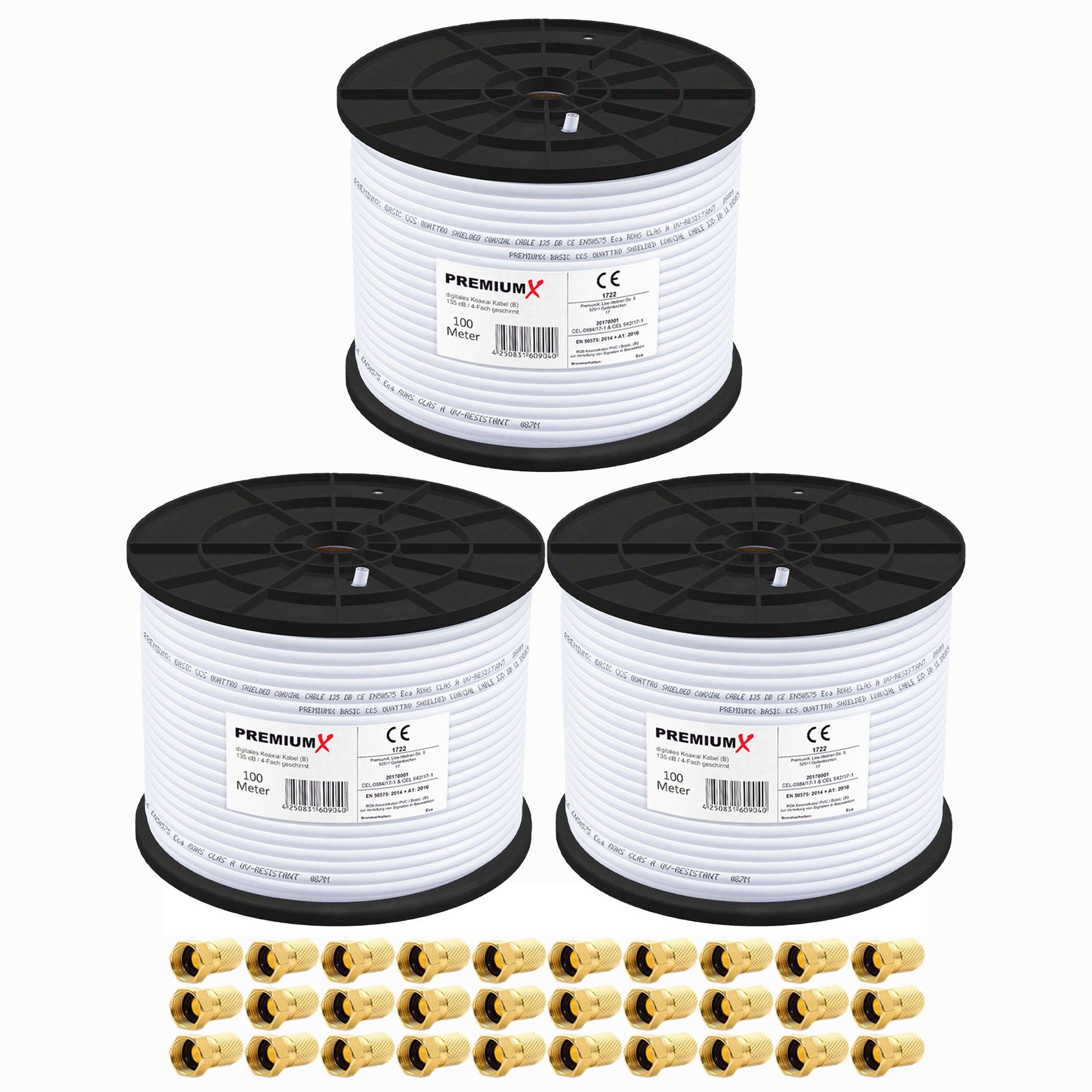 PremiumX 3x 100m BASIC Koaxialkabel 135dB 4-fach SAT Koax Kabel 30x F-Stecker SAT-Kabel