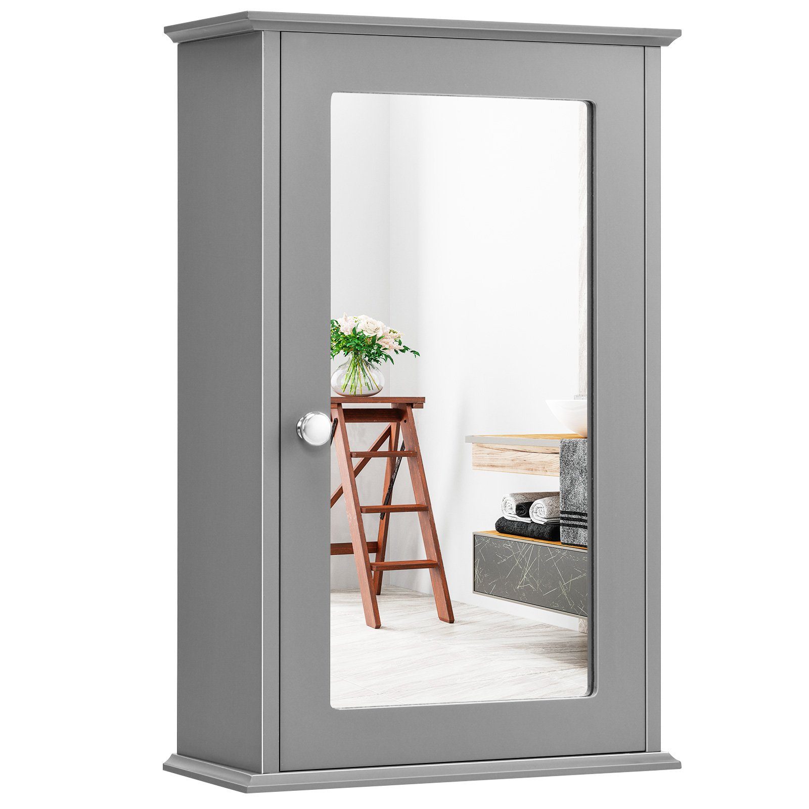 COSTWAY Spiegelschrank Bad, mit Tür & Ablage, Holz, 34x15x53cm, grau