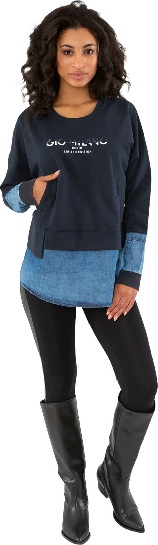 Gio Milano Rundhalspullover G29-7114, Pullover mit Jeansbesatz verlängerter günstig online kaufen