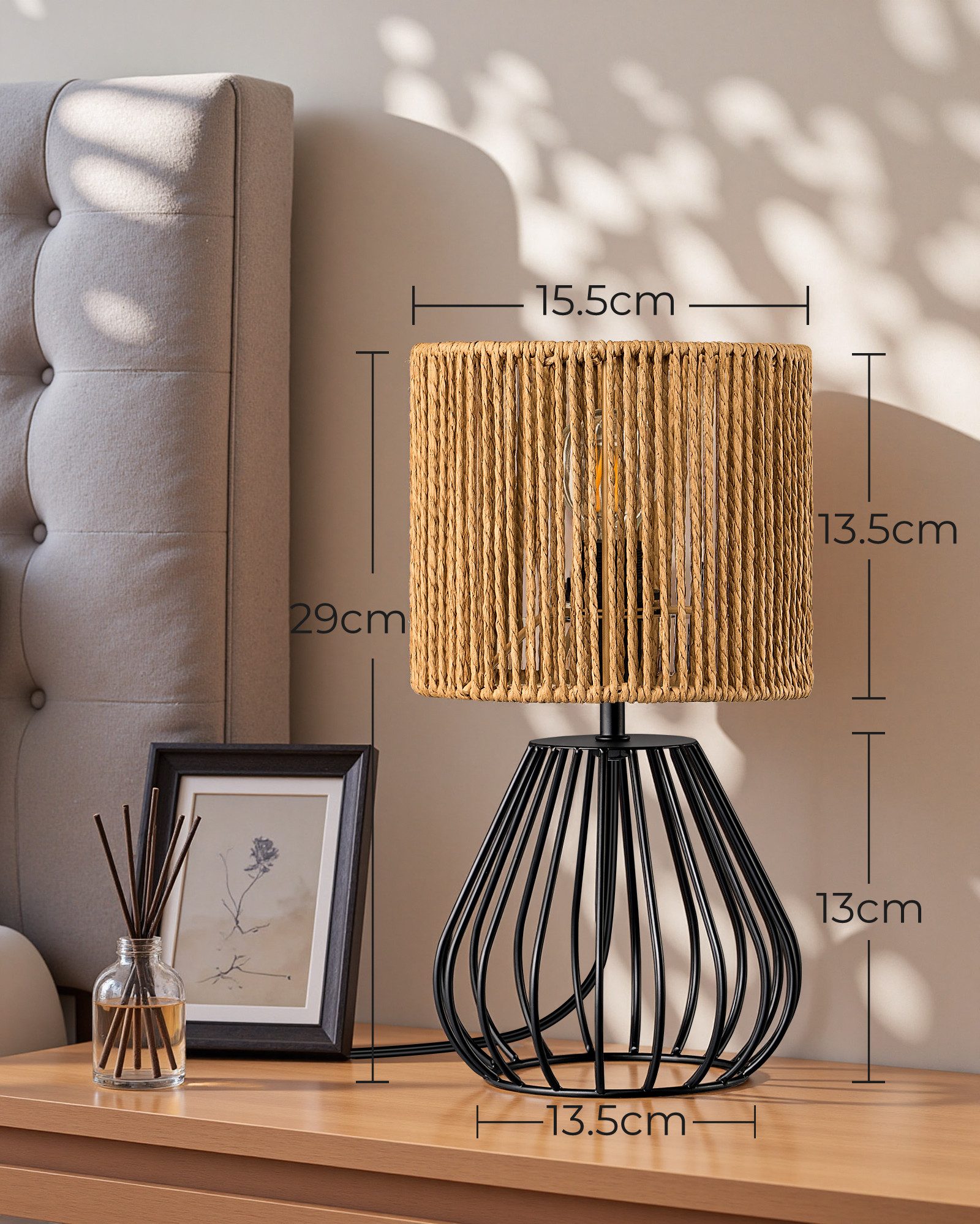 EDISHINE Nachttischlampe Dekolampe H29 cm mit Metallfuß, LED wechselbar, 2700 K Warmweiß, Vintage Tischleuchte mit E14 Leuchtmittel, für Fensterbank, Geschenk – Bild 4 von 5