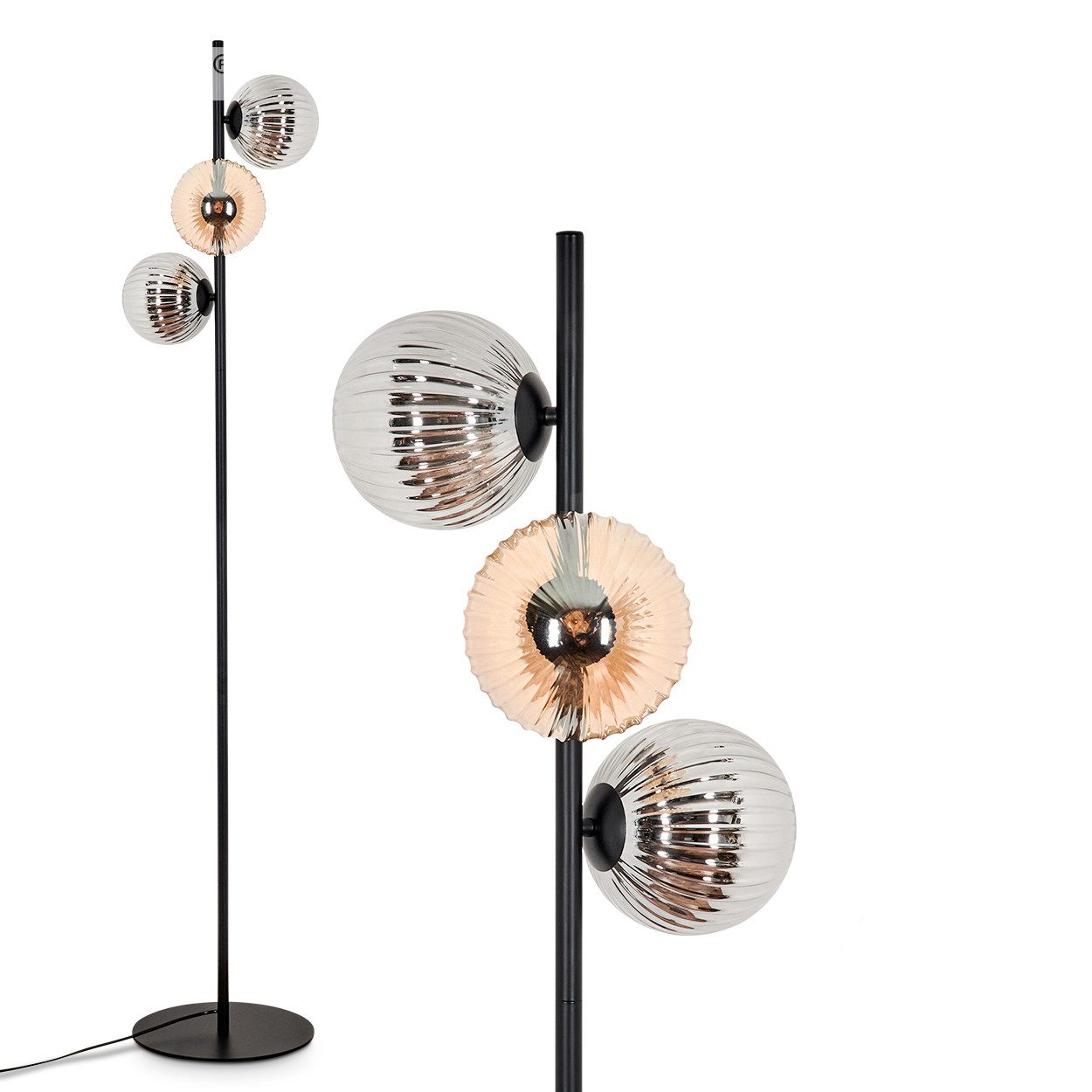 Stehlampe Stehlampe aus Metall/Riffelglas in Schwarz/Rauch/Bernstein