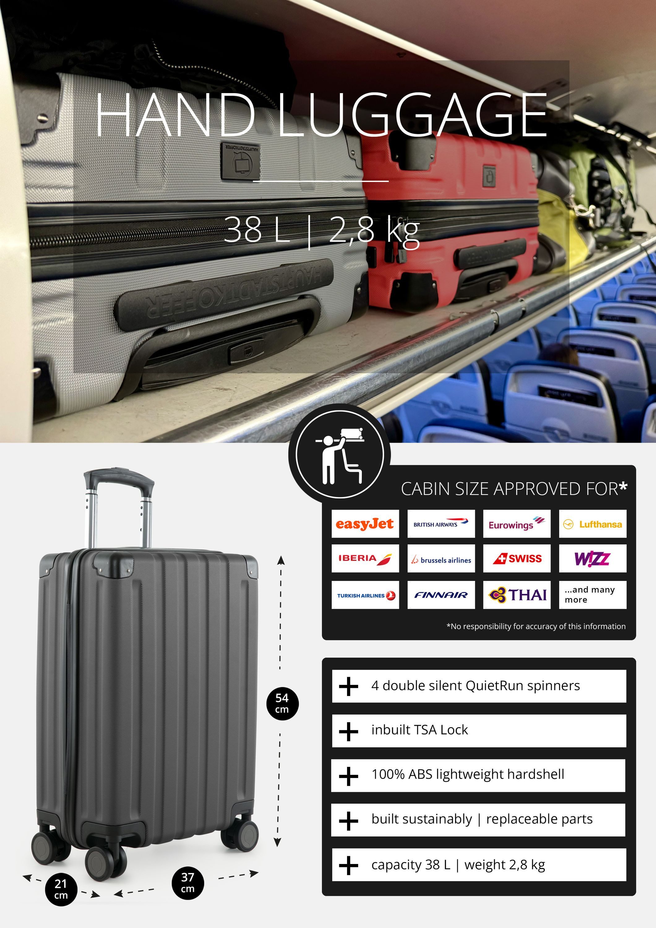 Hauptstadtkoffer Handgepäckkoffer Q-Damm, 4 Rollen, Handgepäck Trolley, TSA, 38 L
