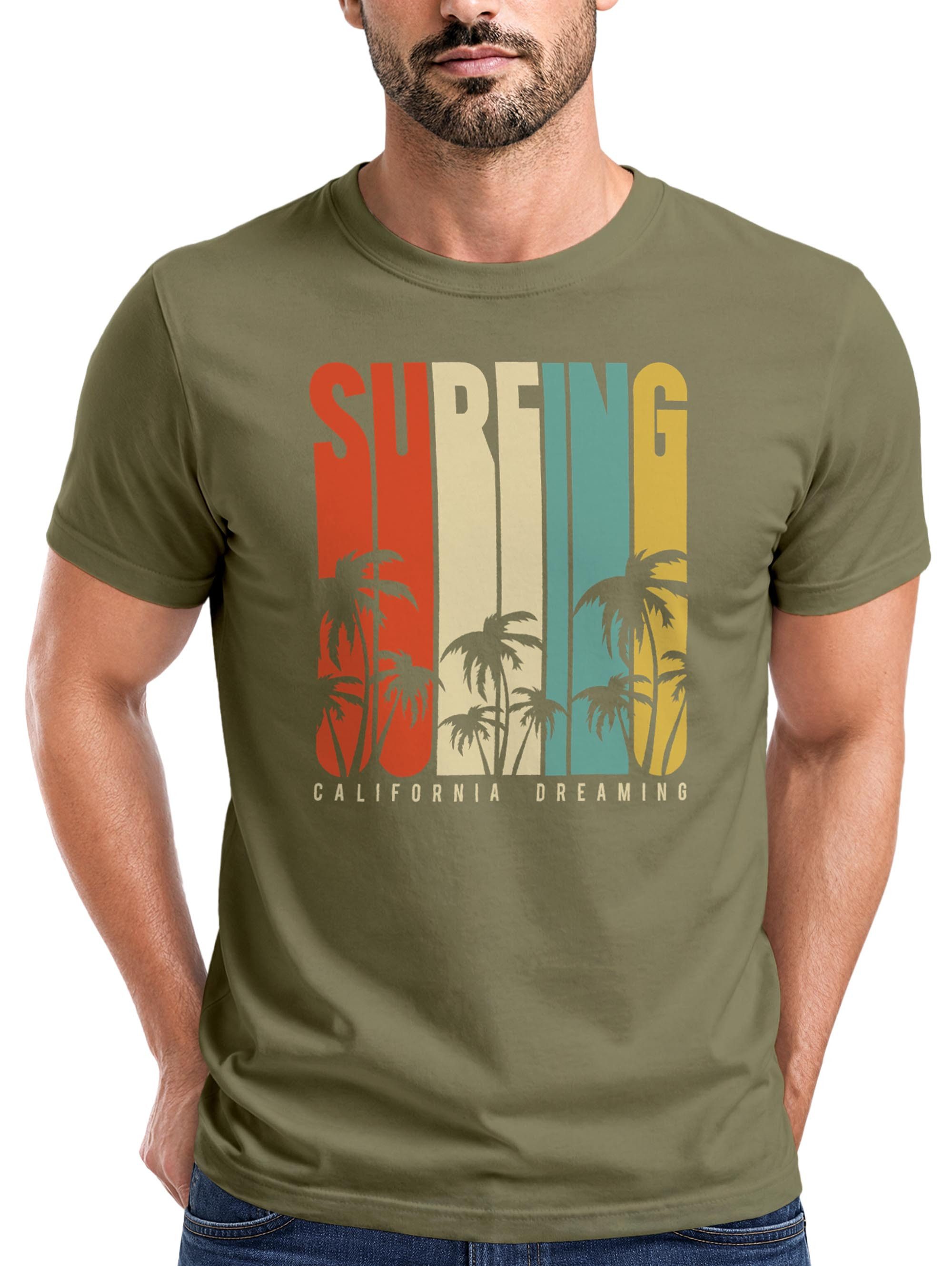 Print-Shirt Herren T-Shirt Surfing Surfer Style Schriftzug California Dreams