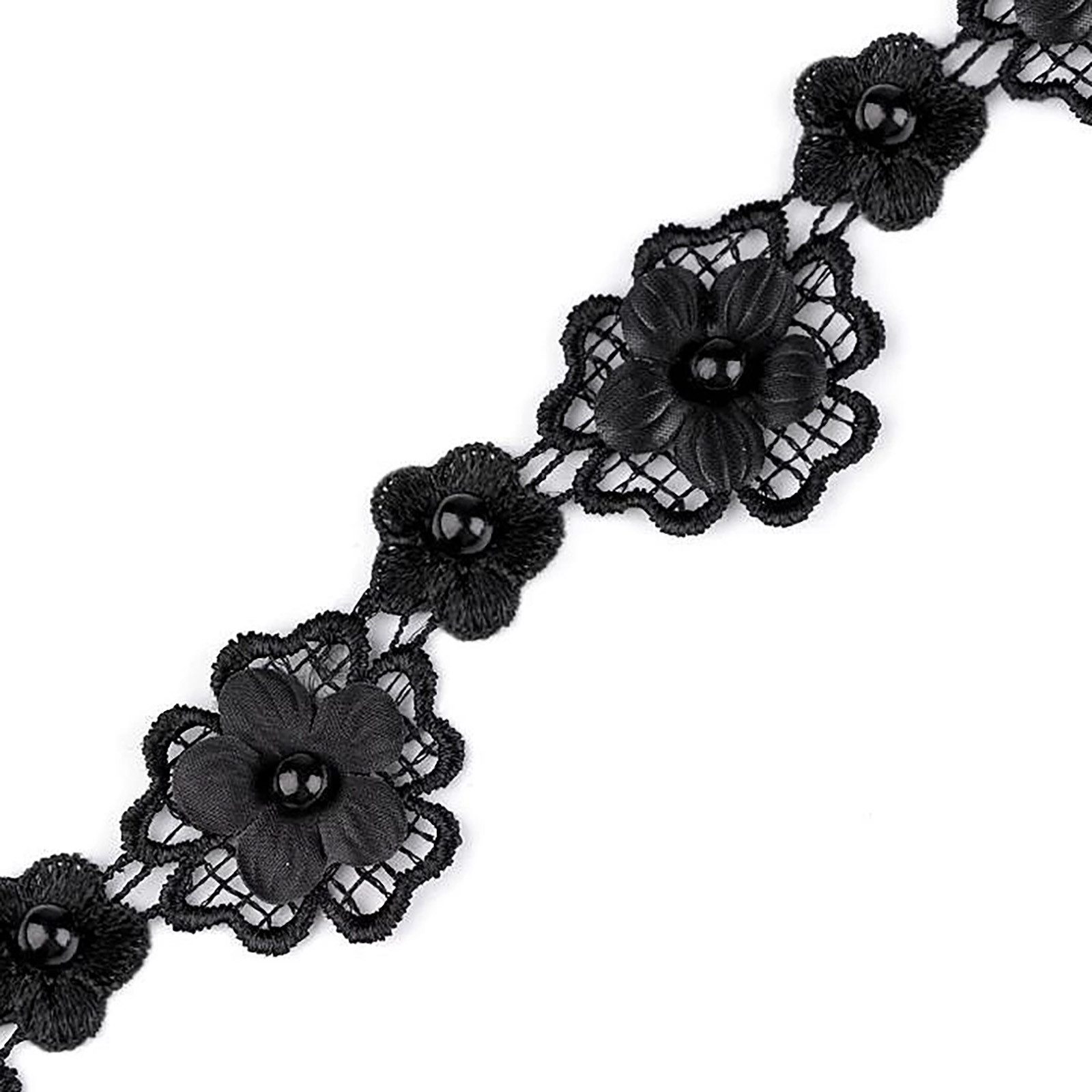 maDDma Stoff 1m Seidenblüten mit Perle Spitzenborte Satinband 30mm breit, schwarz