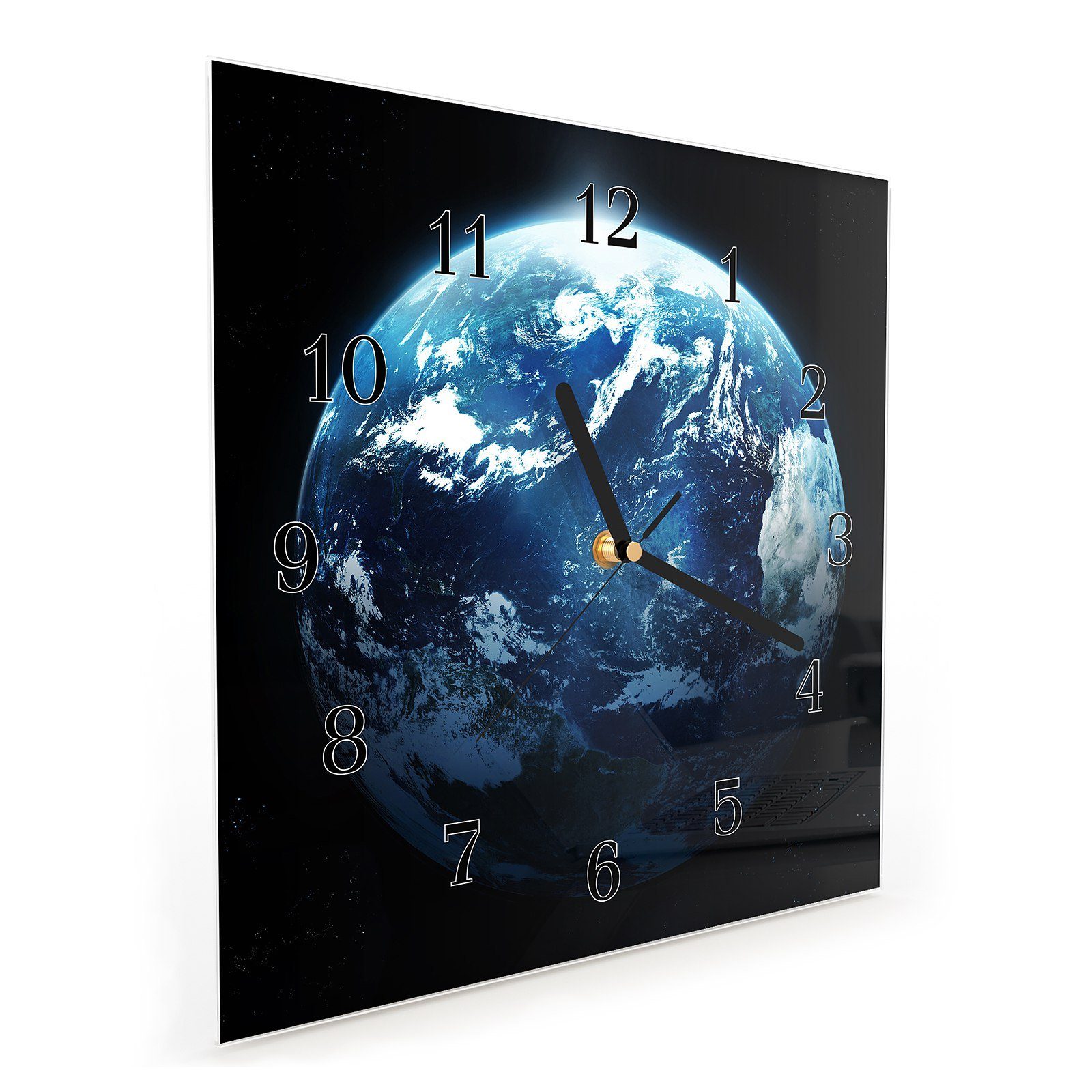 Primedeco Wanduhr Glasuhr Wanduhr Wandkunst 30 cm Motiv im Erde mit Sonnenaufgang x Planet Größe 30