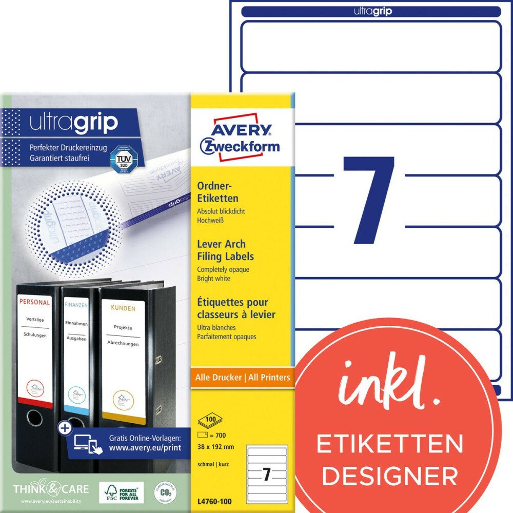 AVERY Aktenordner Avery L4760 Rückenschilder 38x192mm, selbstklebend, weiß - 700 Stück