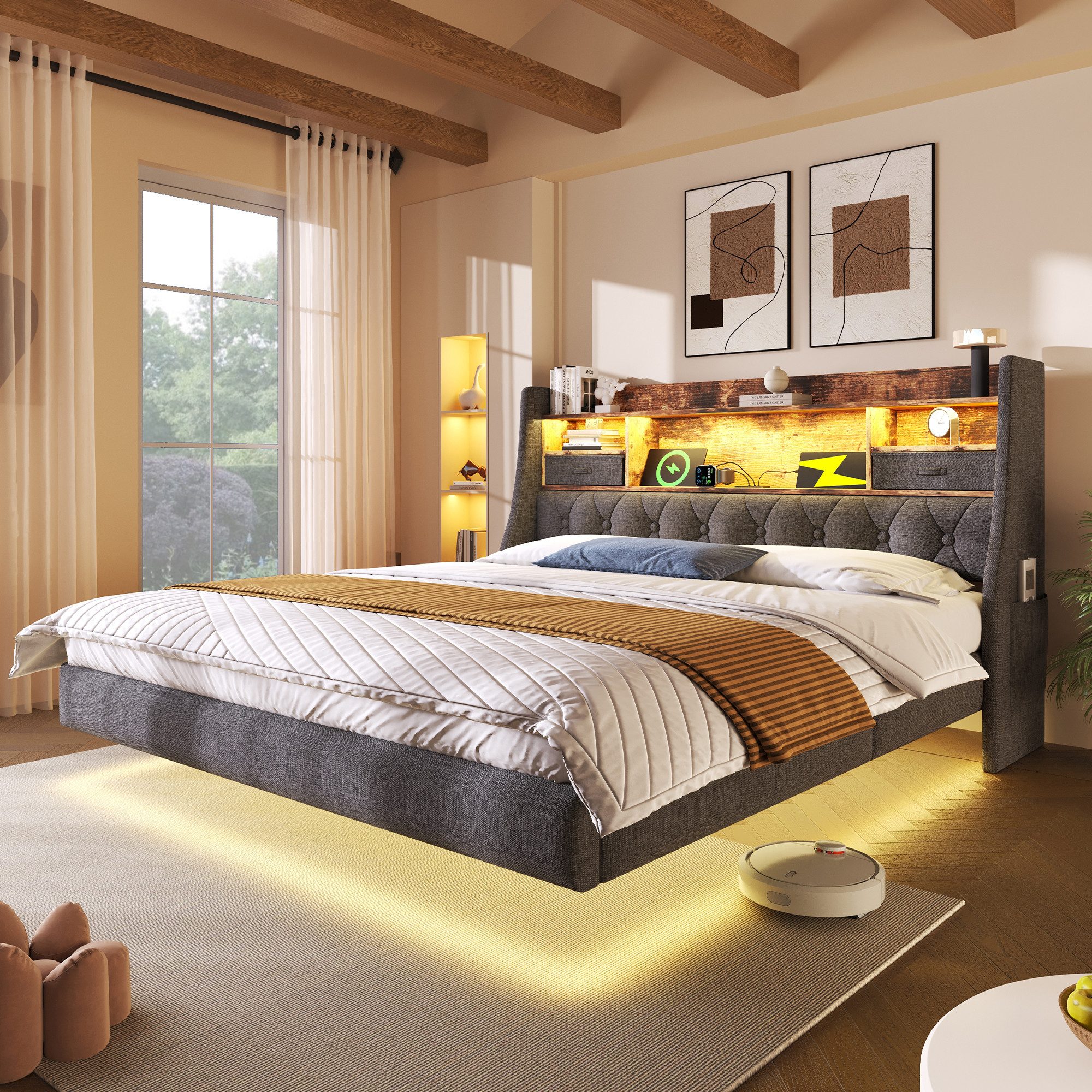 REDOM Polsterbett mit USB Typ-C Schnellladung, Retro Design (Funktionsbett, Struraumbett, 1-tlg., 180x200 cm, ohne Matratze), Schwebebett mit 1 Type-C, 3 USB-Anschlüsse