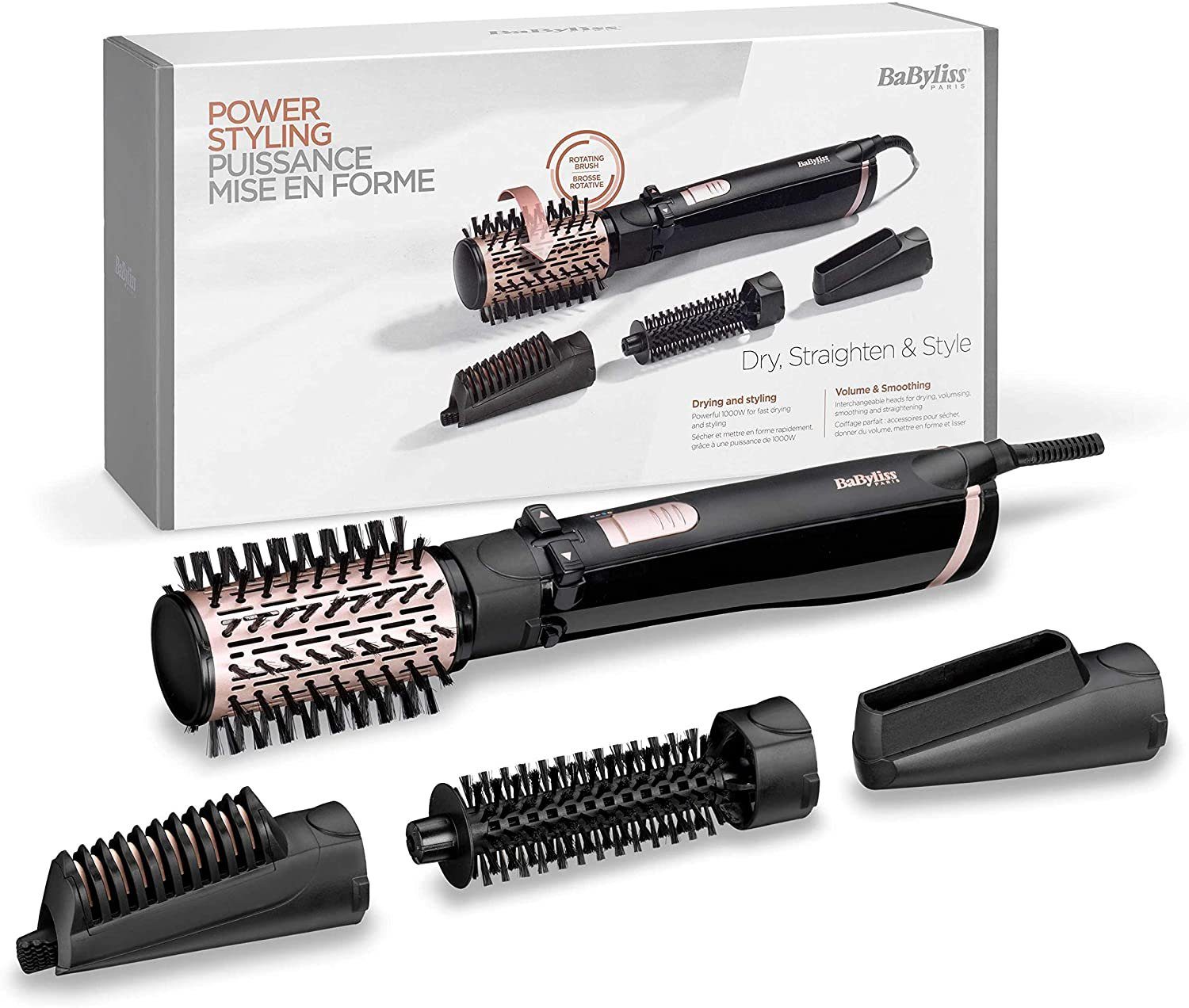 BaByliss Warmluftbürste AS200E Rotierende Warmluftbürste Set schwarz, 5-teiliges Set