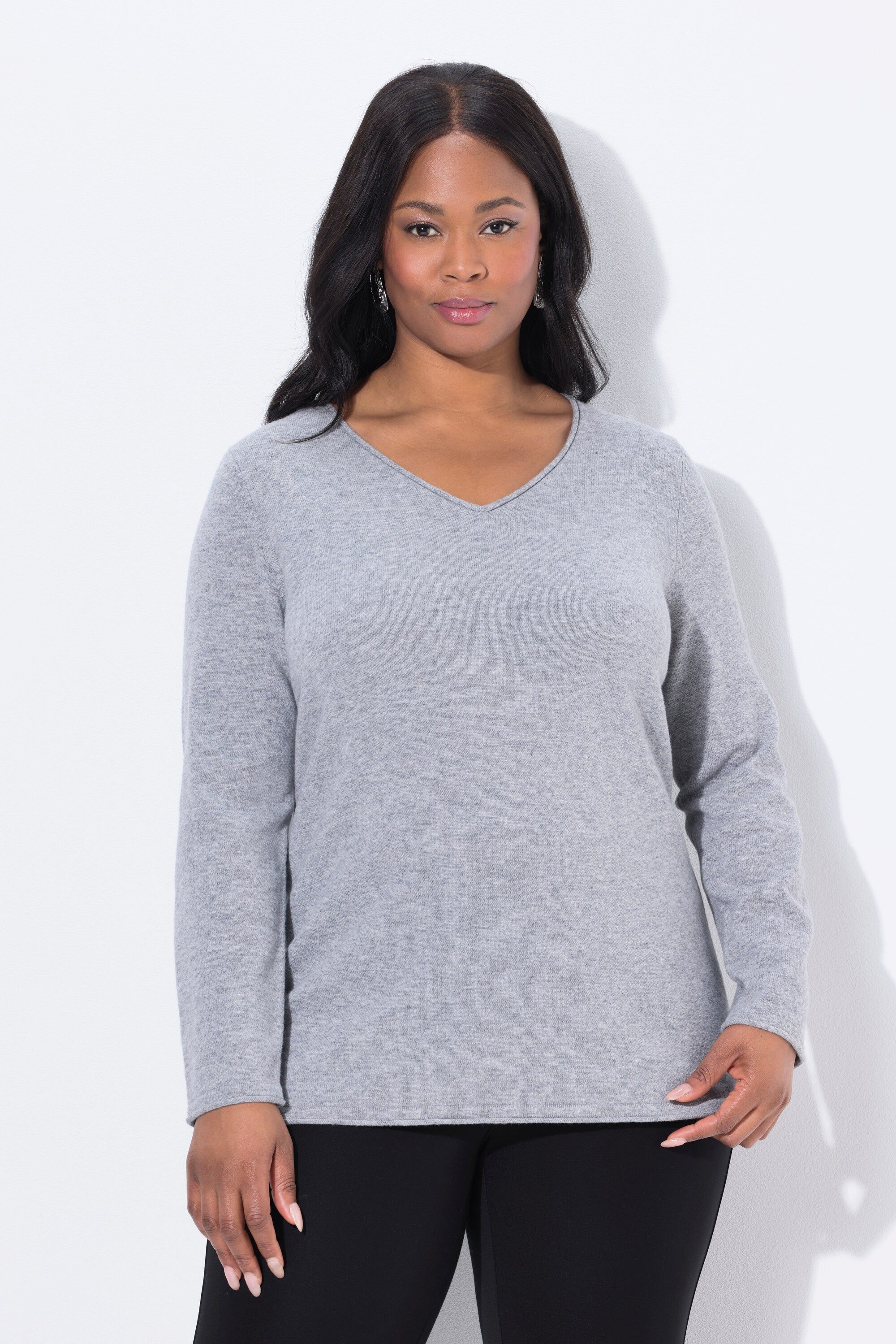 Ulla Popken Strickpullover Merino-Pullover Rollkanten V-Ausschnitt günstig online kaufen