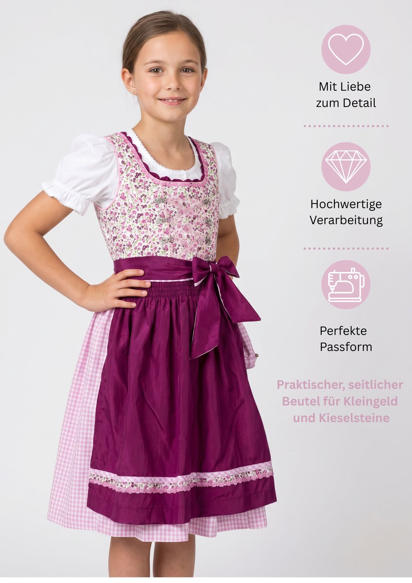 Nübler Dirndl Kinderdirndl 3-teilig Nadja in Beere in Nübler - Rocklänge knielang 3 teiliges Set aus Dirndl, Bluse und Schürze