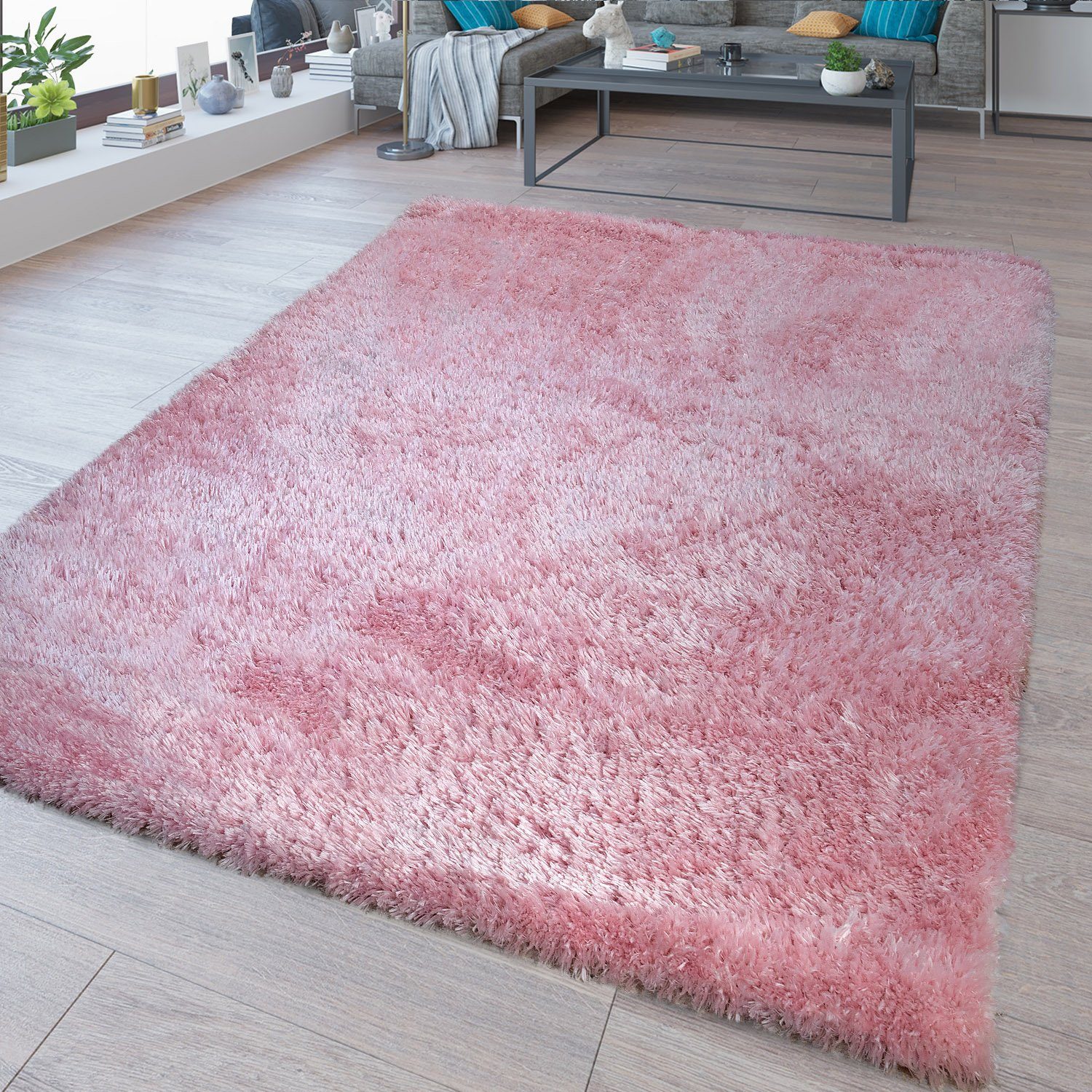Hochflor-Teppich Waschbarer Hochflor Teppich Shaggy Flokati Look In Uni Pink, TT Home, rechteckig, Höhe: 44 mm