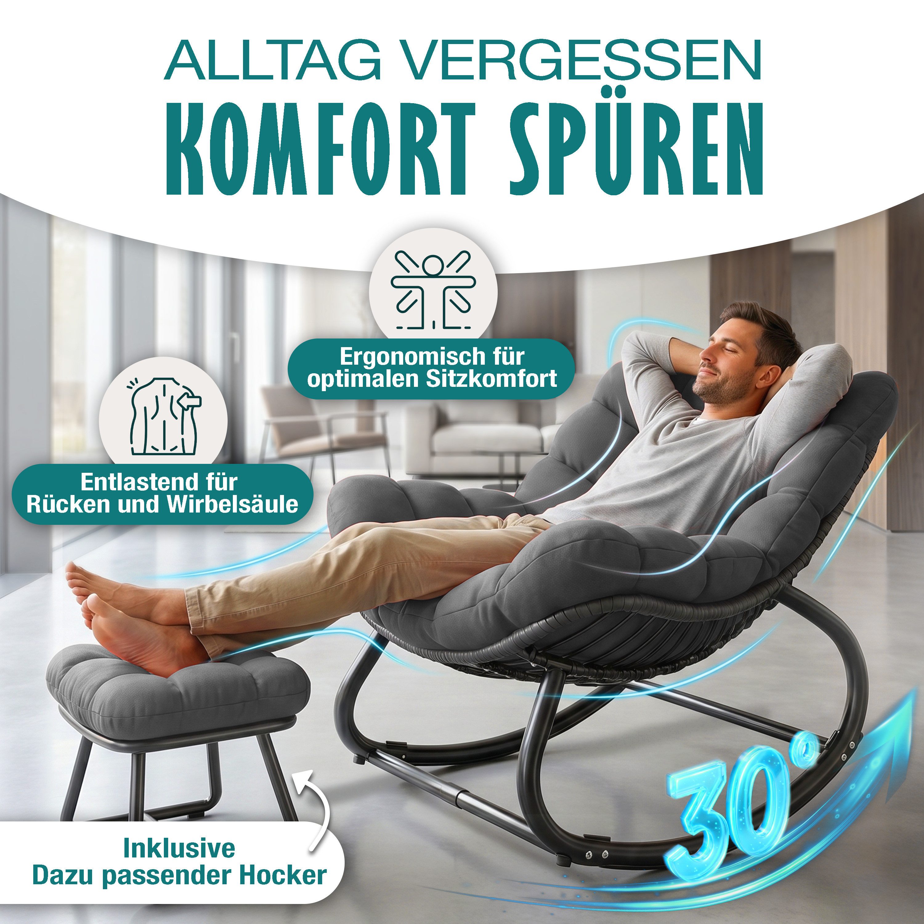 KESSER Schaukelstuhl (maximale Belastung 120kg, witterungsbeständig & mit rutschfesten Füßen), Loungesessel ergonomisches Relaxsessel für Balkon, Garten & Wohnz – Bild 4 von 5