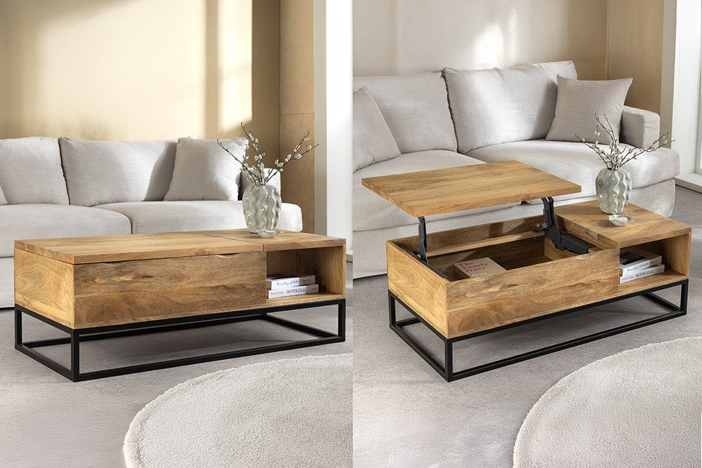 riess-ambiente Couchtisch MAKASSAR FUNCTION 110cm beige – höhenverstellbar, Massivholz, Metall (Einzelartikel, 1-St), Sofatisch mit Liftfunktion – ideal für multifunktionale Wohnzimmer