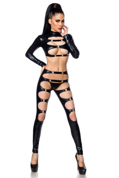 Saresia Catsuit 3-tlg. Wetlook-Set Gogo Outfit : Top mit Stehkragen und langen Ärmeln, Leggings, String in schwarz, Made in EU