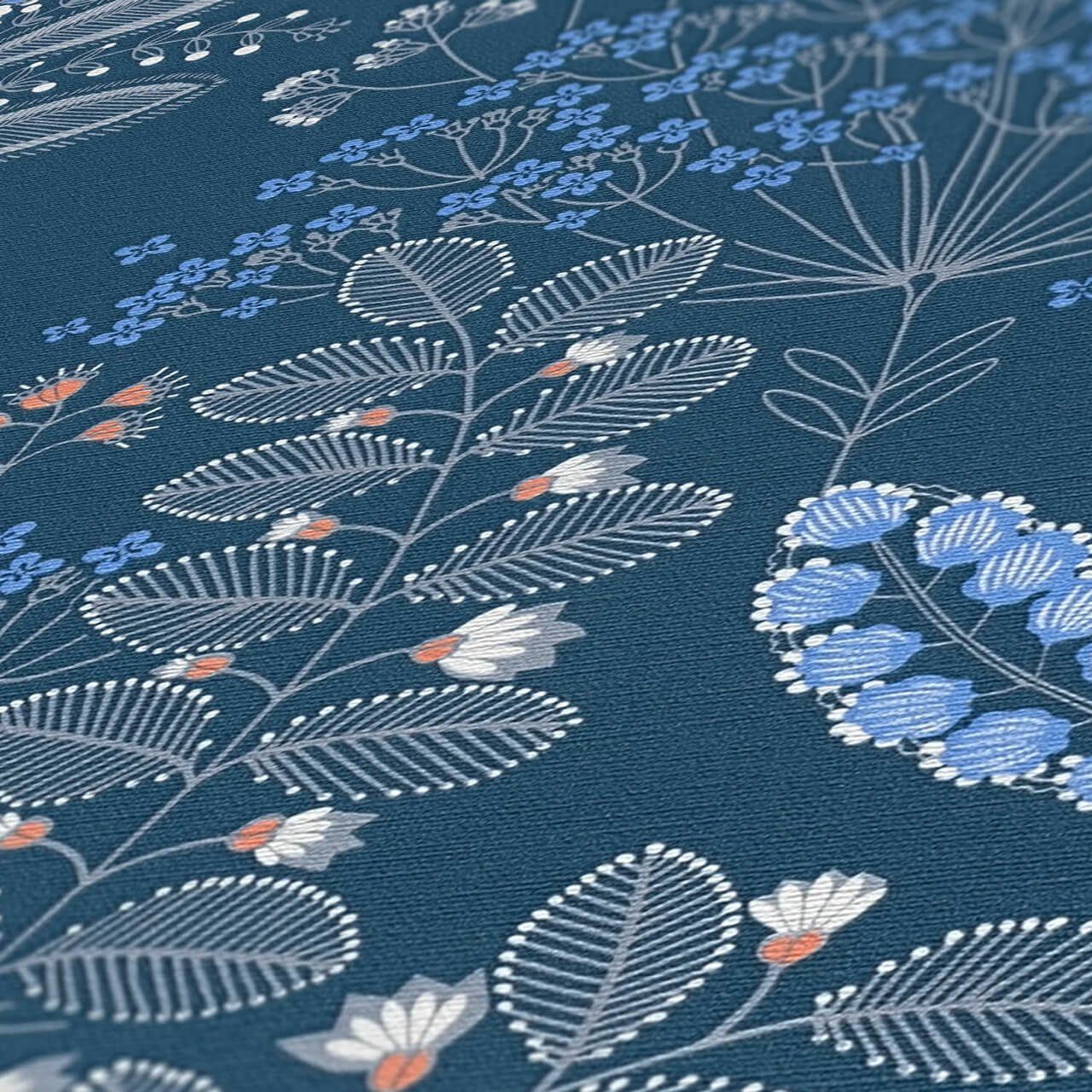 matt, m, KUNSTLOFT Tranquil lichtbeständige weiß 0.53x10.05 blau, Vliestapete Tapete Bloomed Design