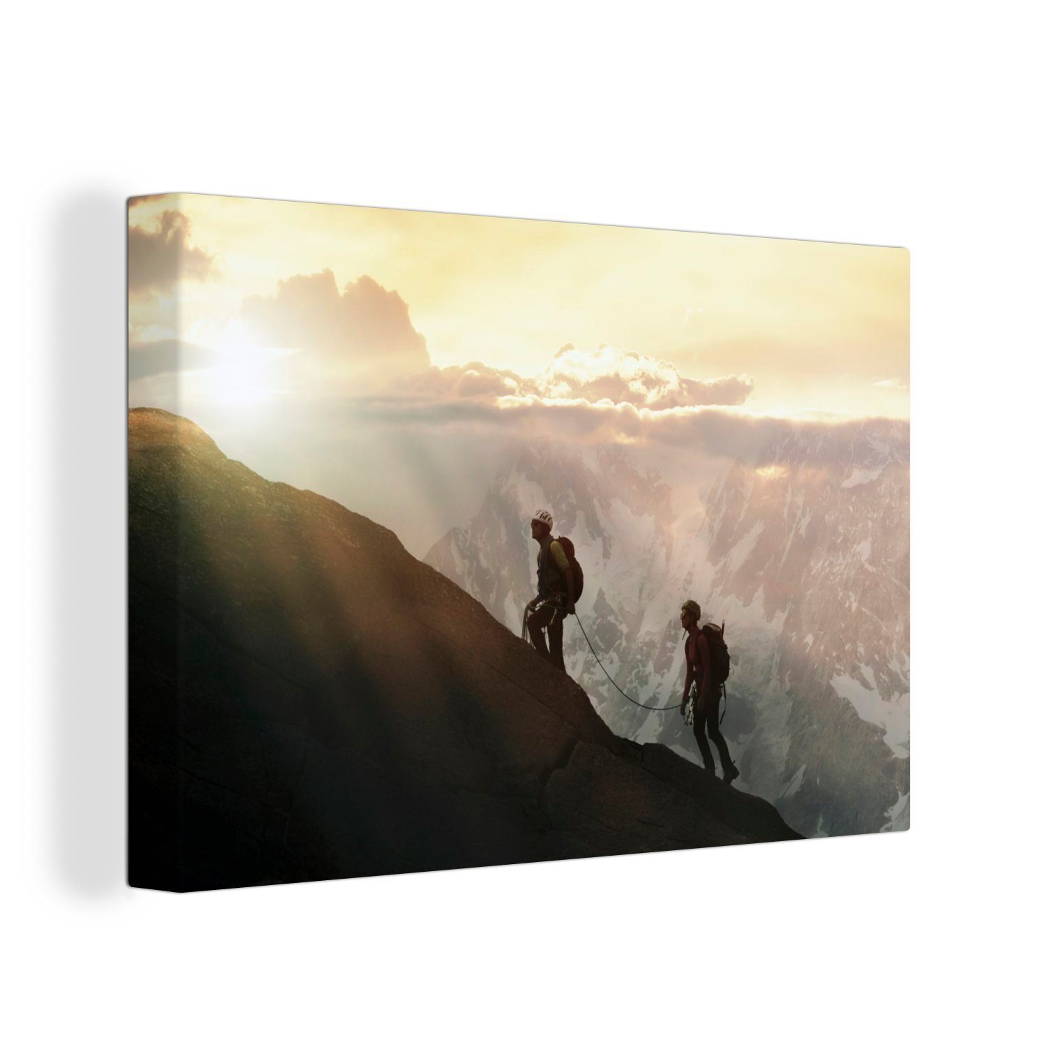 OneMillionCanvasses® Leinwandbild Bergsteiger erklimmen Berg bei Sonnenuntergang, (1 St), Wandbild Leinwandbilder, Aufhängefertig, Wanddeko, 30x20 cm
