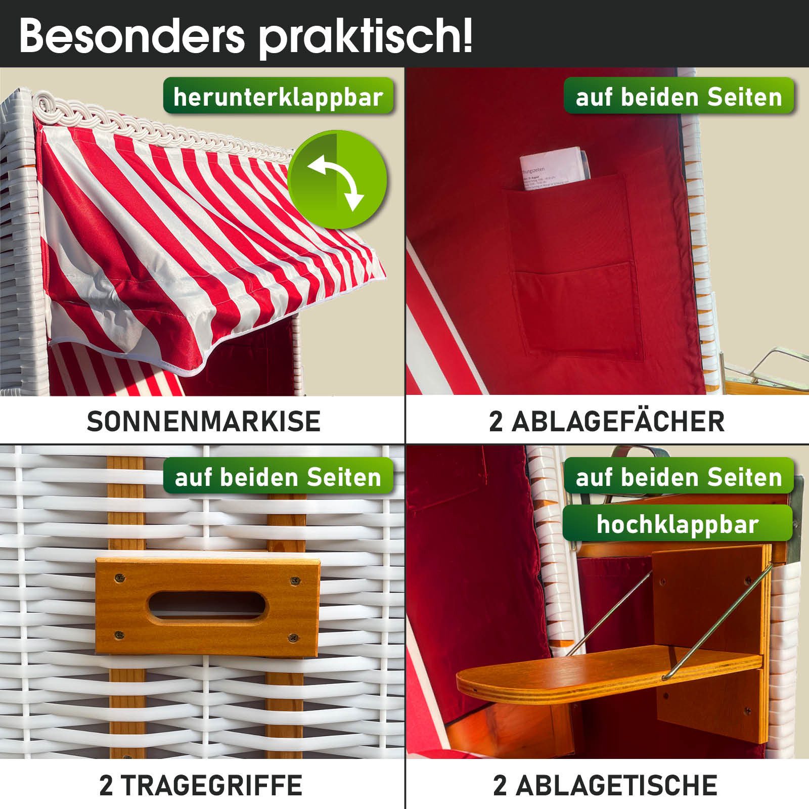 BRAST Strandkorb für 2 Personen, 120cm breit, 4 Designs, BxTxH: 120x79x150 cm, Volllieger, Norderney Deluxe, (verstellbare Rückenlehne weiches Fußkissen) – Bild 5 von 5