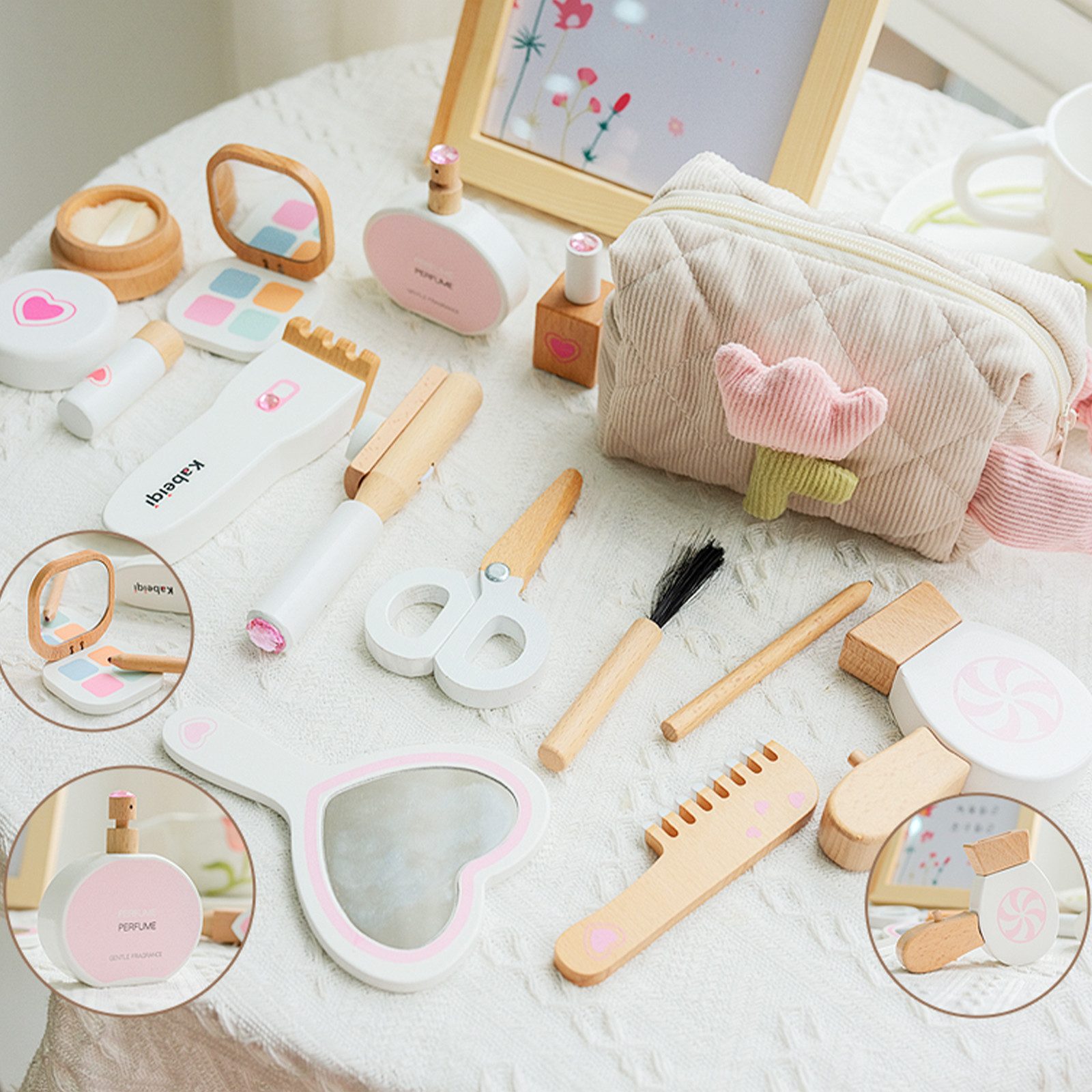 Esun Spielzeug-Frisierkoffer 16-Teiliges Schminkkoffer Mädchen Holzschminke Spielzeug Kinderschmink, (SET, Komplettset), Schminkset aus Holz für Kinder-Rollenspiele