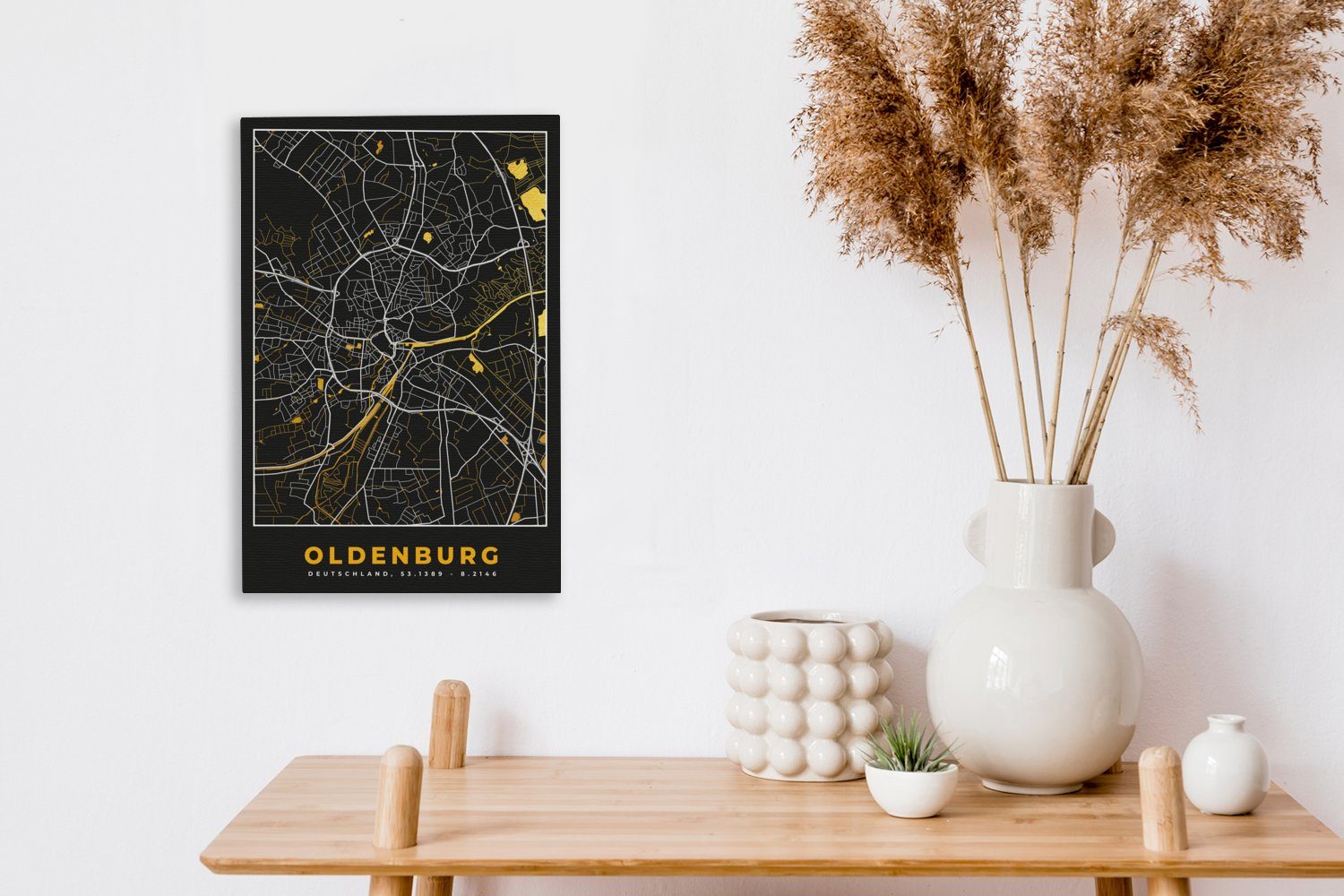 Leinwandbild 20x30 Oldenburg Deutschland (1 fertig Karte, Leinwandbild bespannt - - - St), Gemälde, Stadtplan Gold Zackenaufhänger, - cm OneMillionCanvasses® inkl.