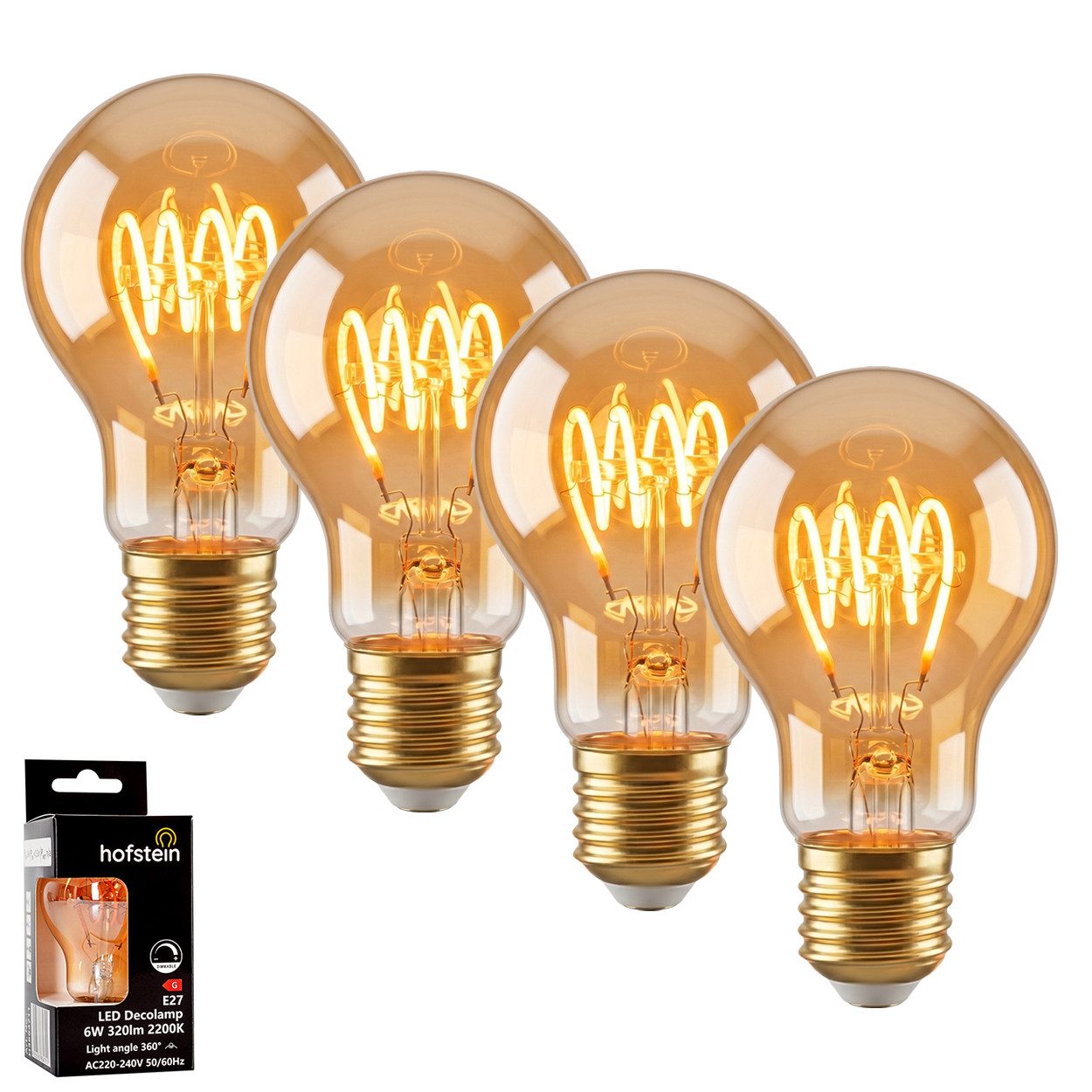 hofstein LED-Leuchtmittel 4er Set Glühbirne Extra Warmweiß dimmbar 6 Watt, E27, 2200 Kelvin, 320 Lumen, Klassisch, Filament Spirale, Amber